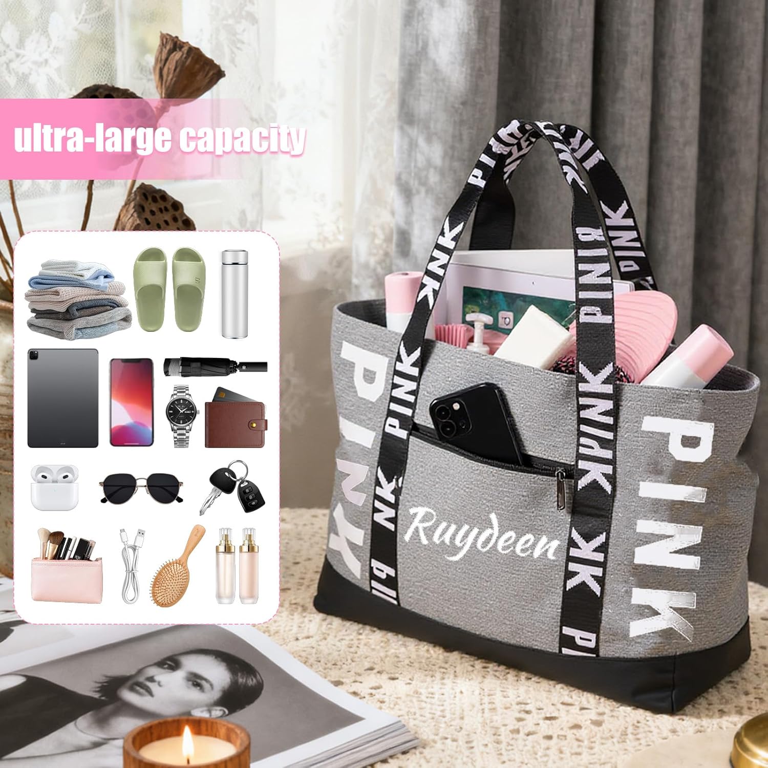 Zloris Personalized Pink Tote Bag Waterproof Travel Tote Bags for Women Large Beach Bag with Embroidered Name 17.3 * 4.3 * 13.8 IN - Image 6