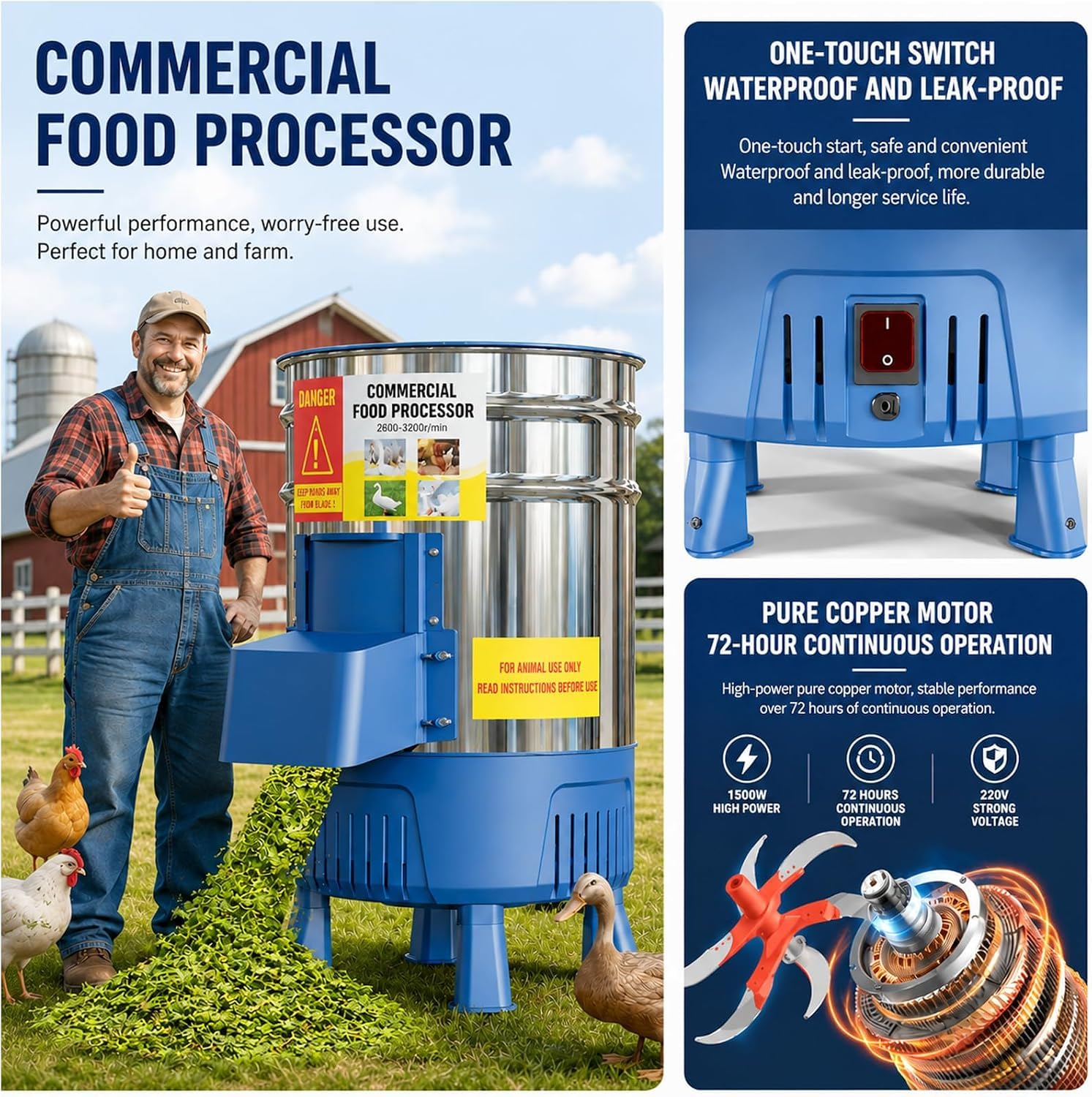 KEhtu Picadora Eléctrica Comercial De Verduras, Procesadora De Alimentos para Aves De Corral De Acero Inoxidable De 1500 W, Picadora Multifuncional De Alimentos para Pollos, 1800W