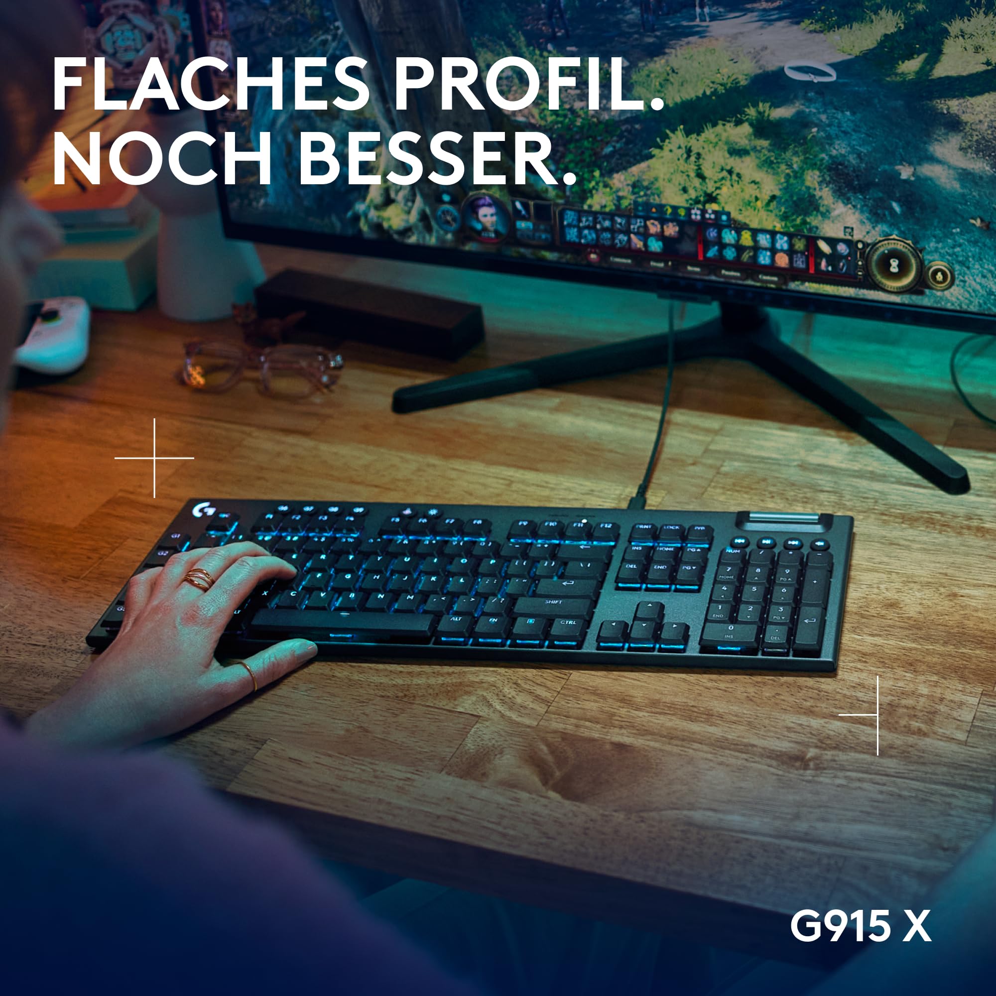 Logitech G G915 X - Kabelgebundene, Gaming-Tastatur mit Double-Shot-PBT-Tastenkappen, voll programmierbaren Tasten, braune taktile GL-Switches für PC/Mac, DEU QWERTZ-Layout - Schwarz