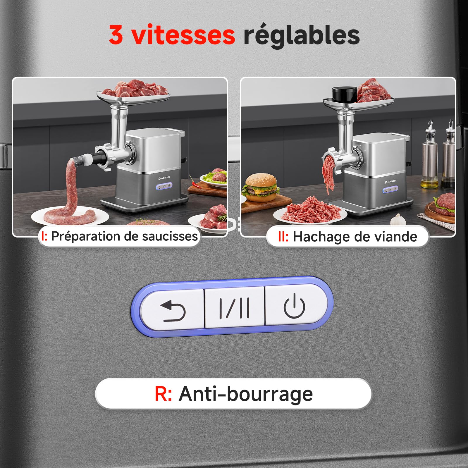 AAOBOSI Hachoir à Viande Électrique Silencieux, 3000 W Max Avec Moteur DC, Seulement 60 dB, Poussoir De Nourriture Rangement Intégré – Hachage, Fabrication De Saucisses & Kibbeh, Usage Domestique