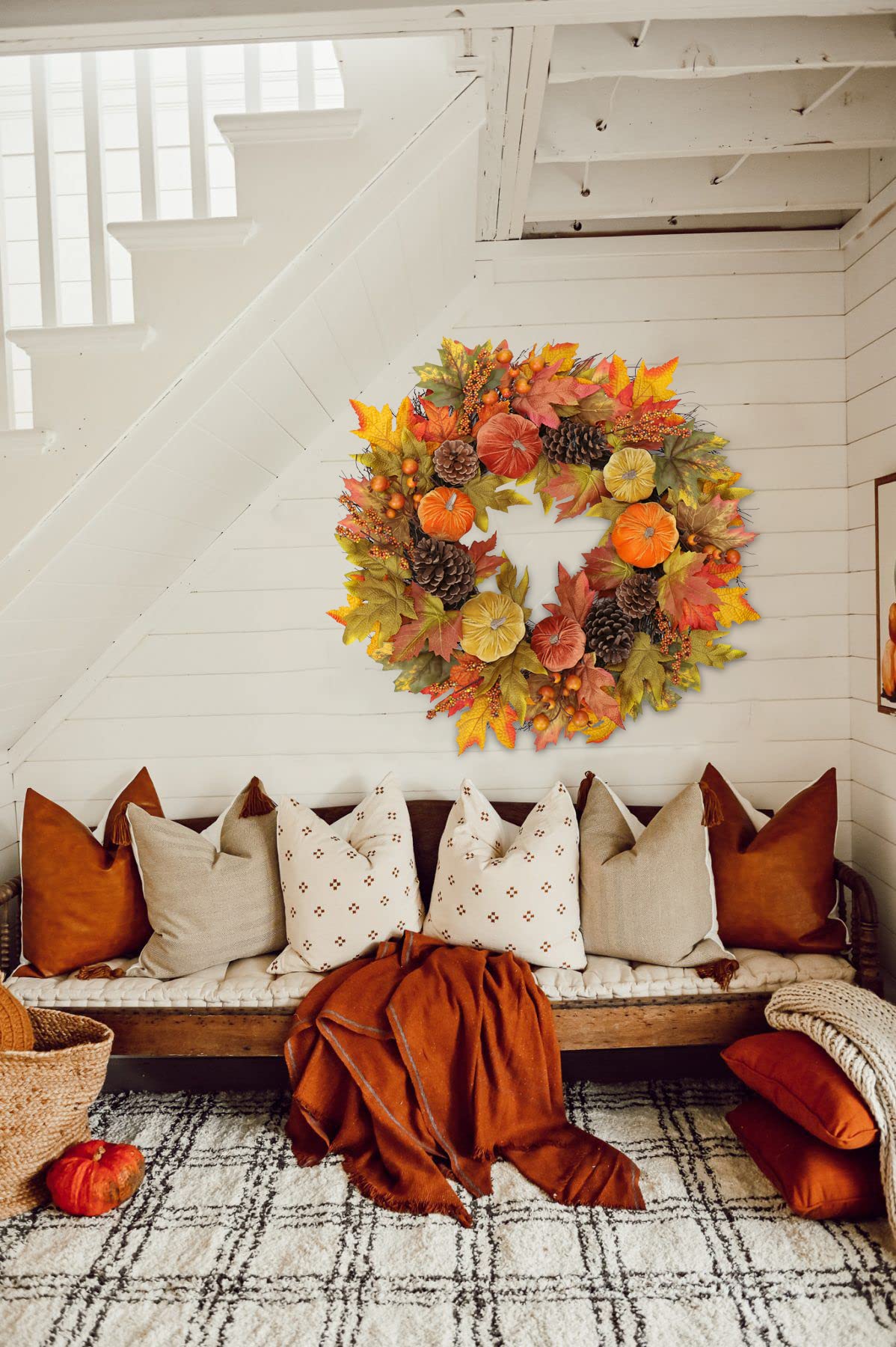 Fall Wreaths for Front Door 26'' Autumn Velvet Pumpkin Wreath with Metal Hook Large Harvest Maple Wreath Fall Decoration for Home Halloween Thanksgiving Decoration, Briful