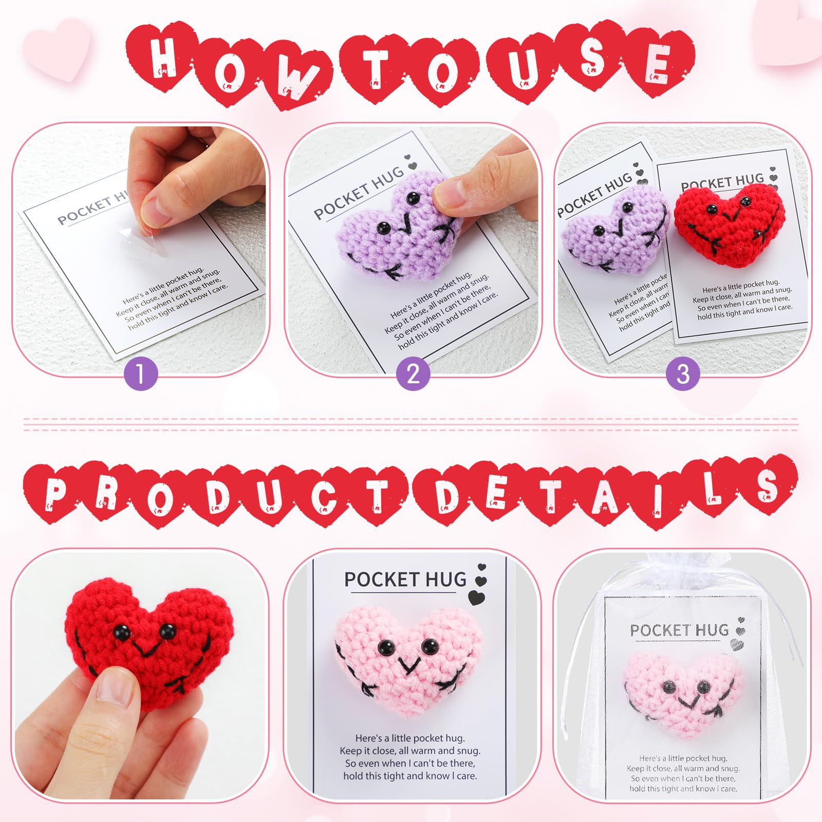 Daifunli 12 Sets Valentine‘s Day Pocket Hug Heart Gift Crocheted Pocket Hug Token Thinking of You Encouragement Handmade Crocheted Love Long Distance Gift for Boyfriend Girlfriend Wedding