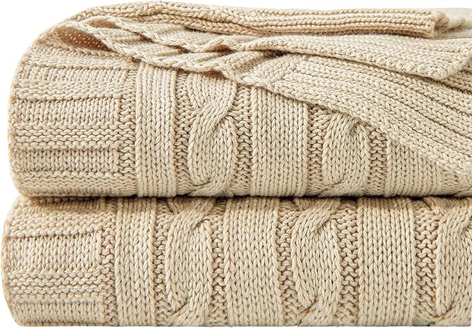 NTBAY 100% Pure Cotton Cable Knit Throw Blanket 51x67 Khaki