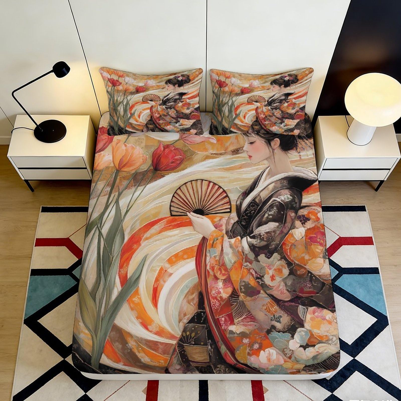 3D Printed Japanese Geisha Fitted Sheet Microfiber Soft Breathable Fan Floral Bed Sheet for Bedroom Dorm Decor 90x200x25cm