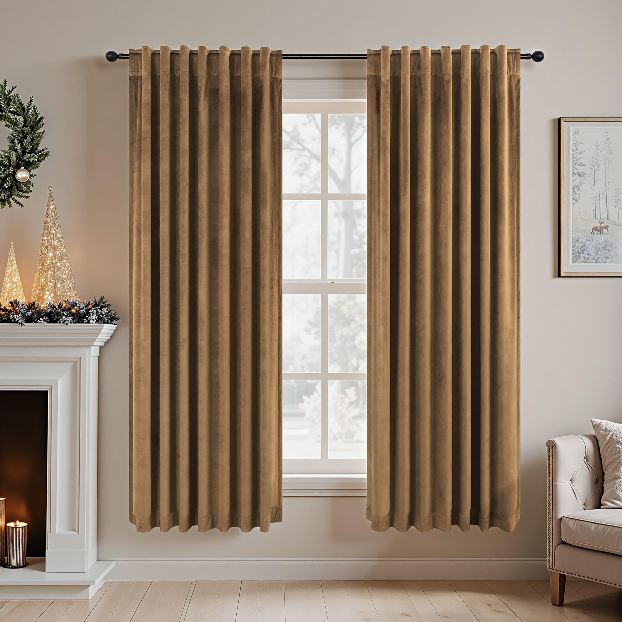 Pitalk Velvet Black Out Curtains Gold Brown for Bedroom Thermal Soundproof Noise Reducing Drape for Nursery Living Room Darkening Privacy Luxury Home Decor Back Tab 63 Inch Length 2 Panel Golden Brown