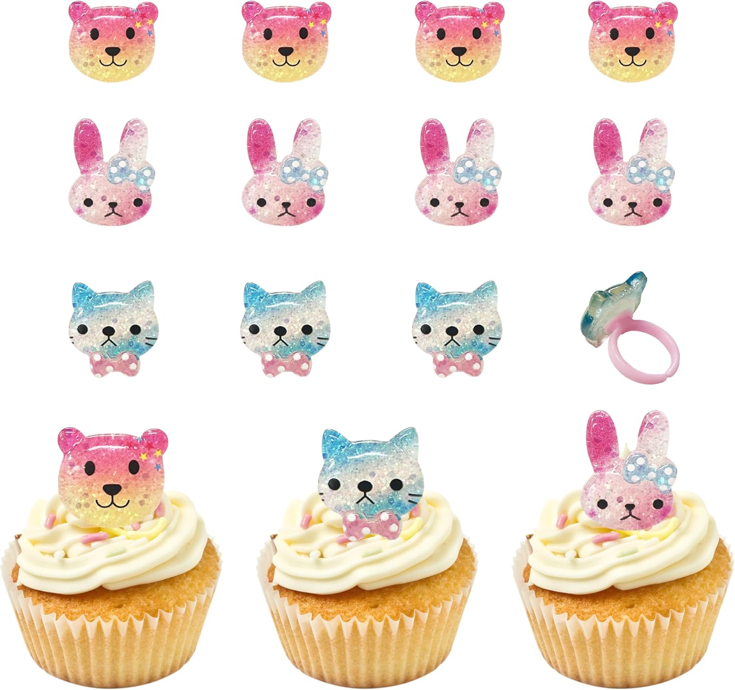 TSJ 12 PCS Animal Cupcake Rings Cat Bear Bunny Plastic Rings for Easter Baby Shower Birthday Party Favors