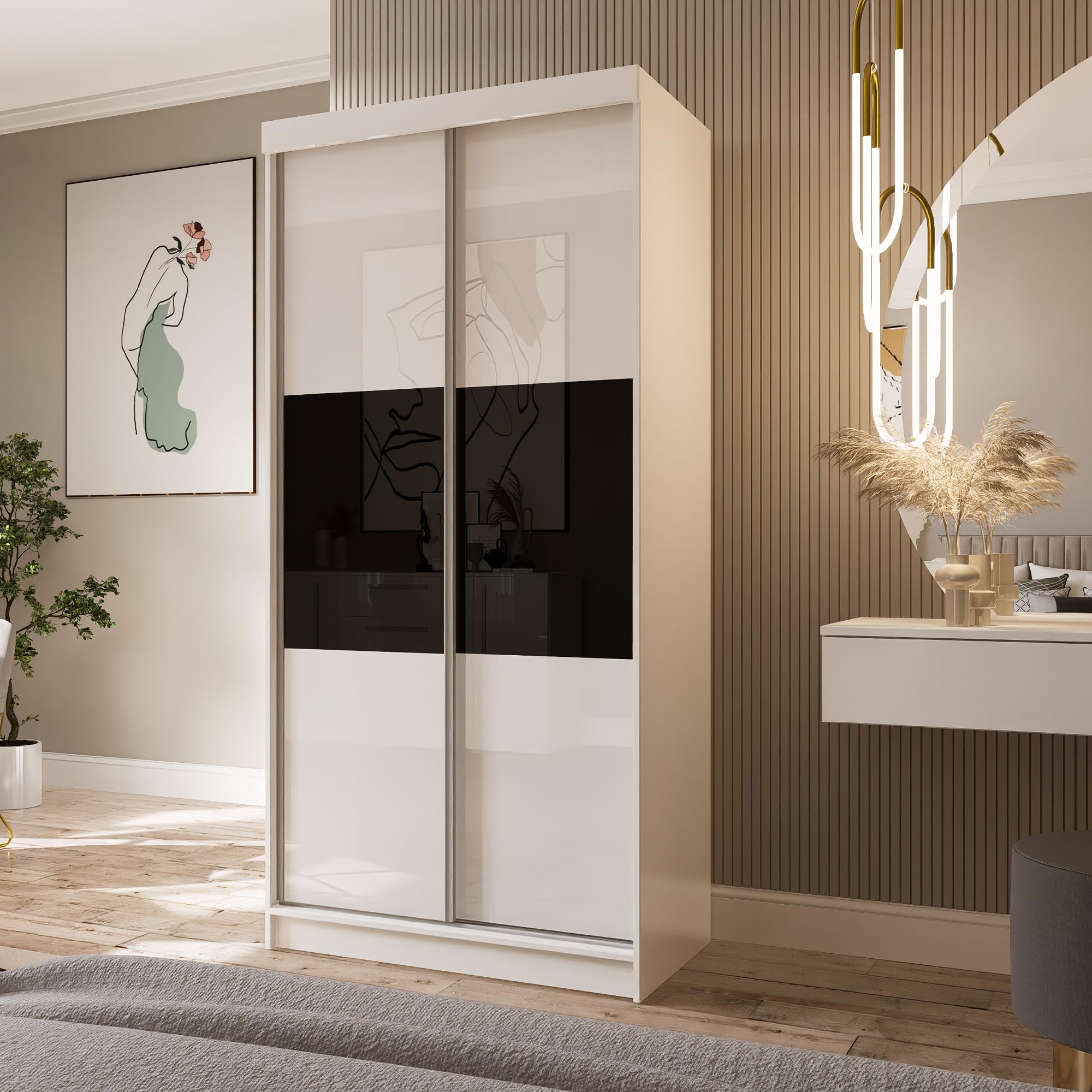 Zweitüriger Kleiderschrank 100 cm breit mit Schwebe & Schiebetüren Eckkleiderschrank Garderobenschrank Schlafzimmerschrank Dielenschrank Systemschrank Hochglanz Schrank