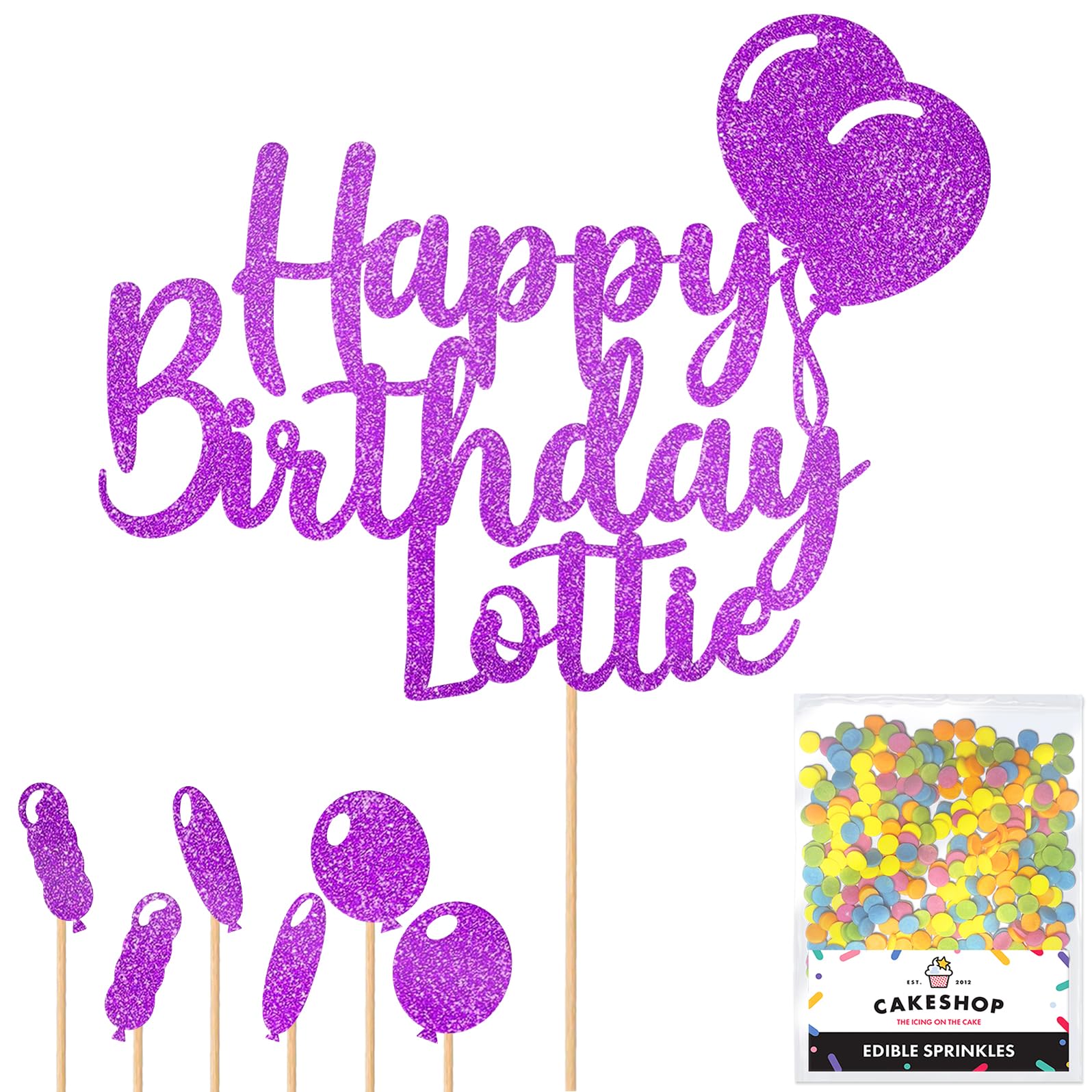 Personalised Happy Birthday Glitter Cake Topper with Balloons - Purple Any Name Glitter Cake Decoration and Sprinkles - Happy Birthday Decorations - Personalised Toppers for Cakes by Cakeshop — image 1