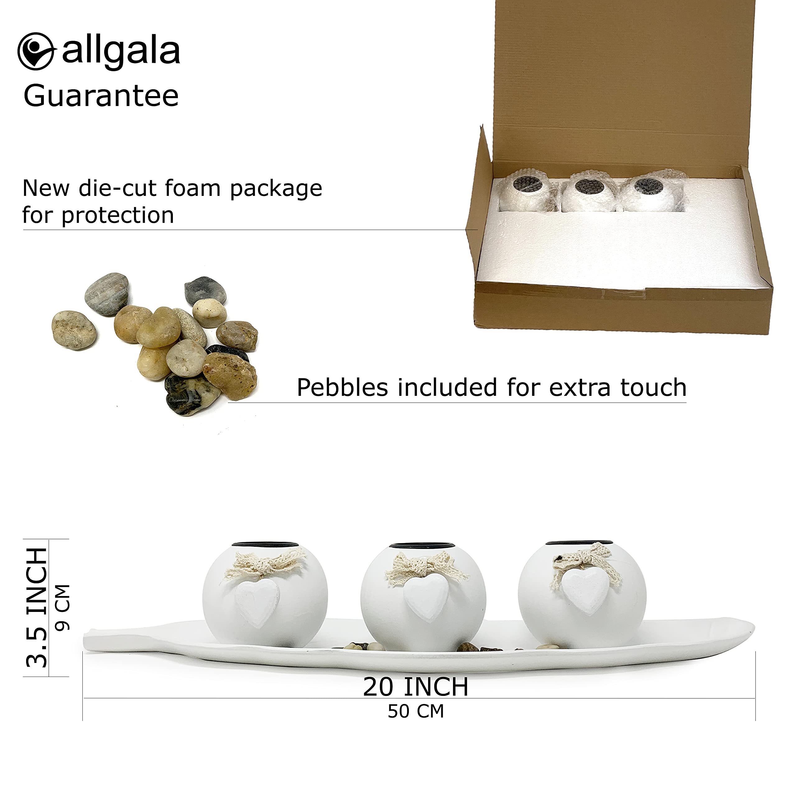allgala Wooden Candle Holder Tray 3 Ball Orbs Set Tealight Candle Holder Centerpiece with Pebbles on Leaf Tray for Coffee Table Dining Table Accents Bowl for Living Room Décor-White-HD90402