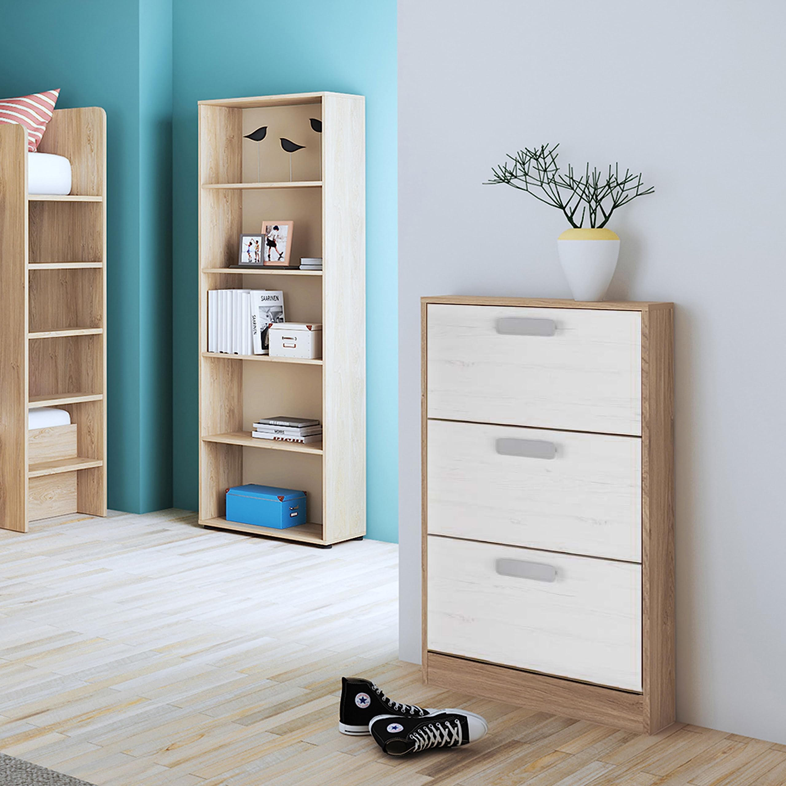 duehome | Zapatero 3 Puertas, Zapatero Estrecho, Modelo Play, Acabado en Color Tofe y Andersen, Medidas: 108 cm (Alto) x 60 cm (Ancho) x 17 cm (Fondo)