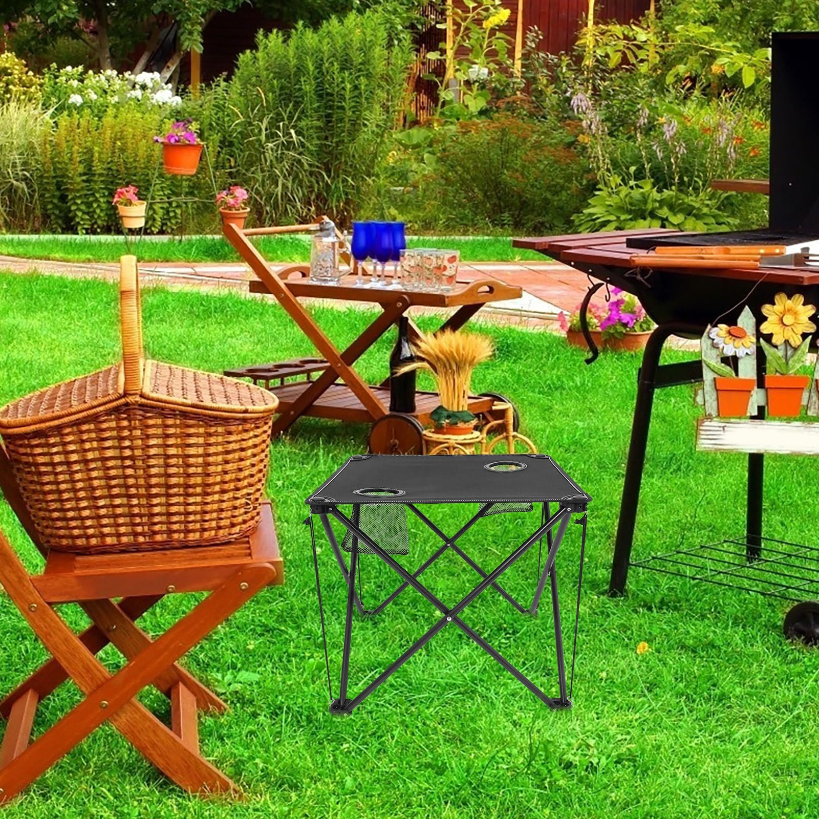 Uonlytech Table de Camping Pliable Portable avec Cadre Robuste en Fer et Tissu Oxford, 2 Porte-gobelets, pour Pique-niques et Activités de Plein Air