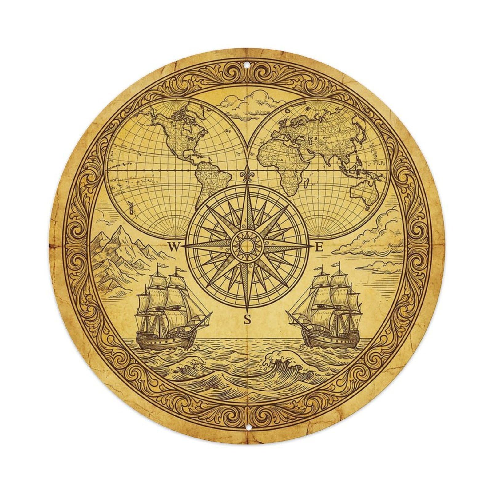 Vintage Nautical Compass World Map Reminiscence Path Metal Tin Sign