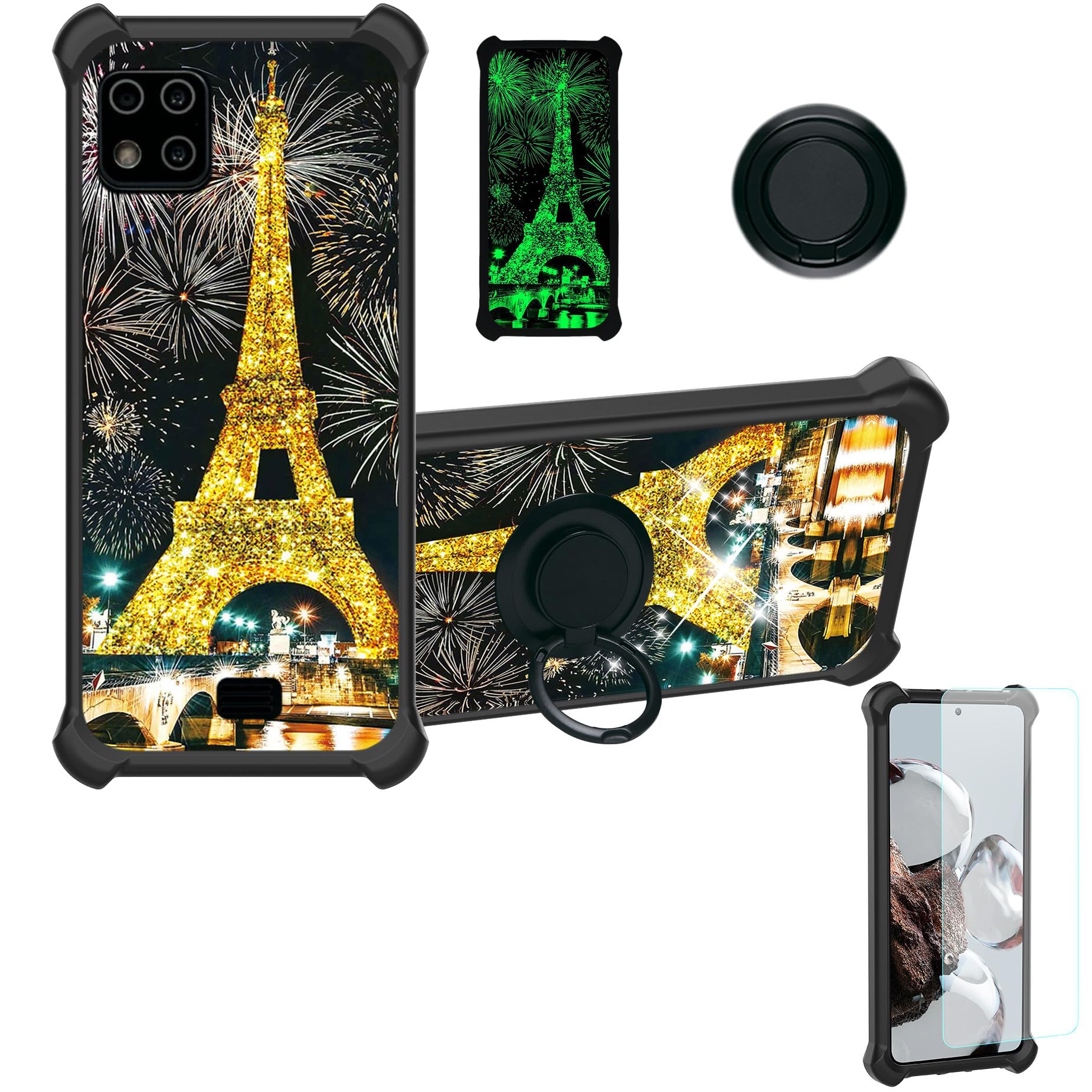 jioeuinly Case for Lush Mint L1582C Case Compatible with Lush Mint L1582C Phone Case Cover [with Tempered Glass Screen Protector][Ring Support][Gold Glitter+Luminous] JSH-TT