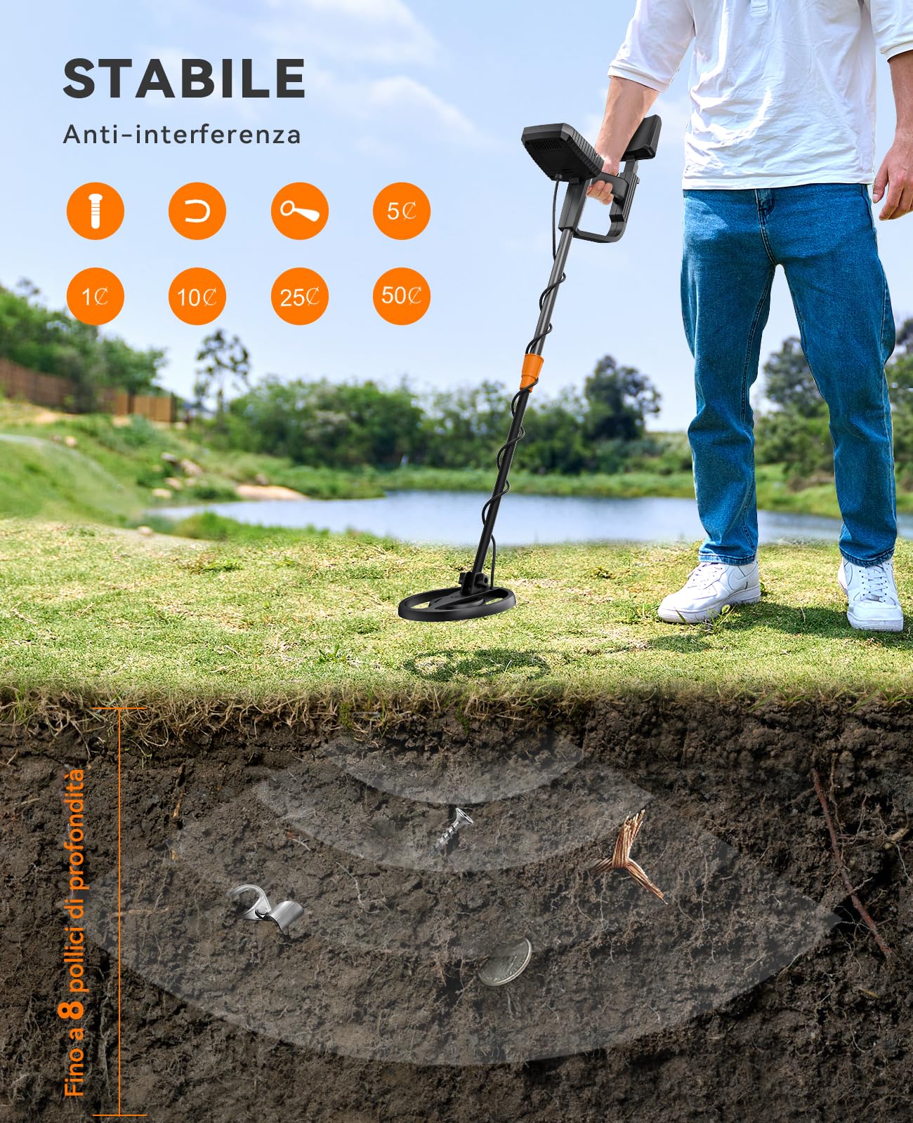 SUNPOW Metal Detector Professionale per Adulti e Bambini Metal Detector Kit Impermeabile per Oro con Display LCD Grande, 4 modalità, Bobina IP68 da 20 cm, Alta Precisione e Stabilità – MD13