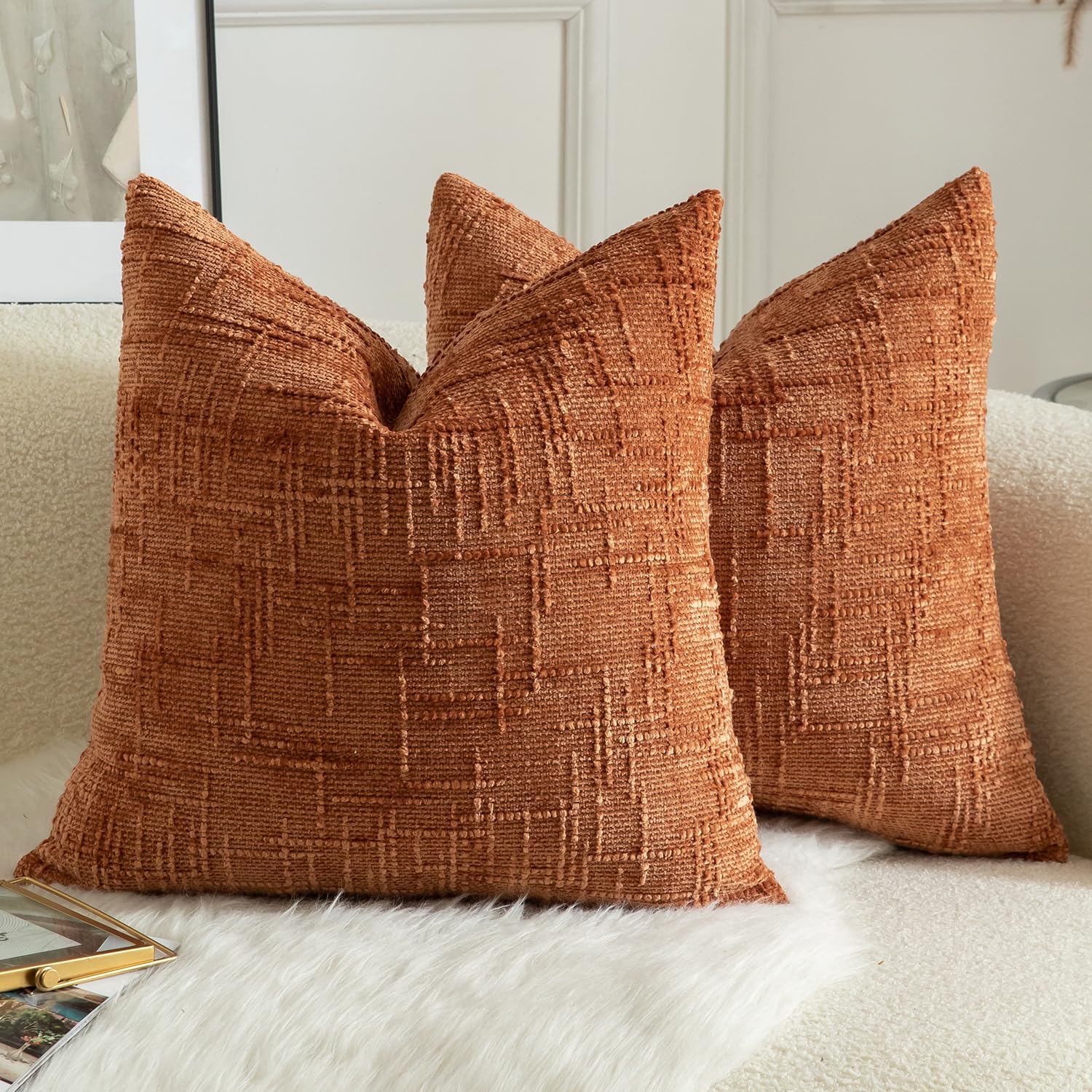Mandioo Pack of 2 Solid Decorative Soft Chenille Burnt Brick Cushion Covers 45x45cm 18x18 Inch Lumbar Accent Solid Throw Pillow Case Soft Cozy Luxury Pillow Covers for Sofa Couch Bedroom