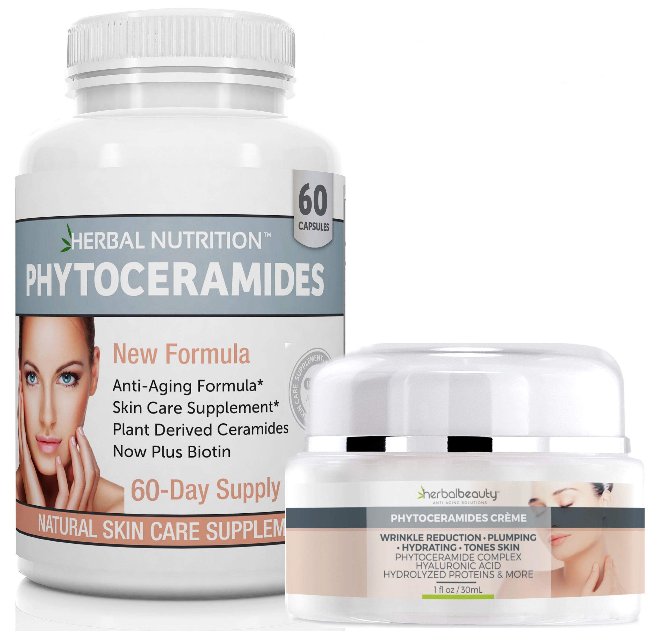 Phytoceramides Kit One 60 Count Bottle Rice Based Capsules Plus 1 Jar of Phytoceramides Cream Anti-Aging Remedy for Skin Hair Nails Attack Aging Skin from The Inside and Out