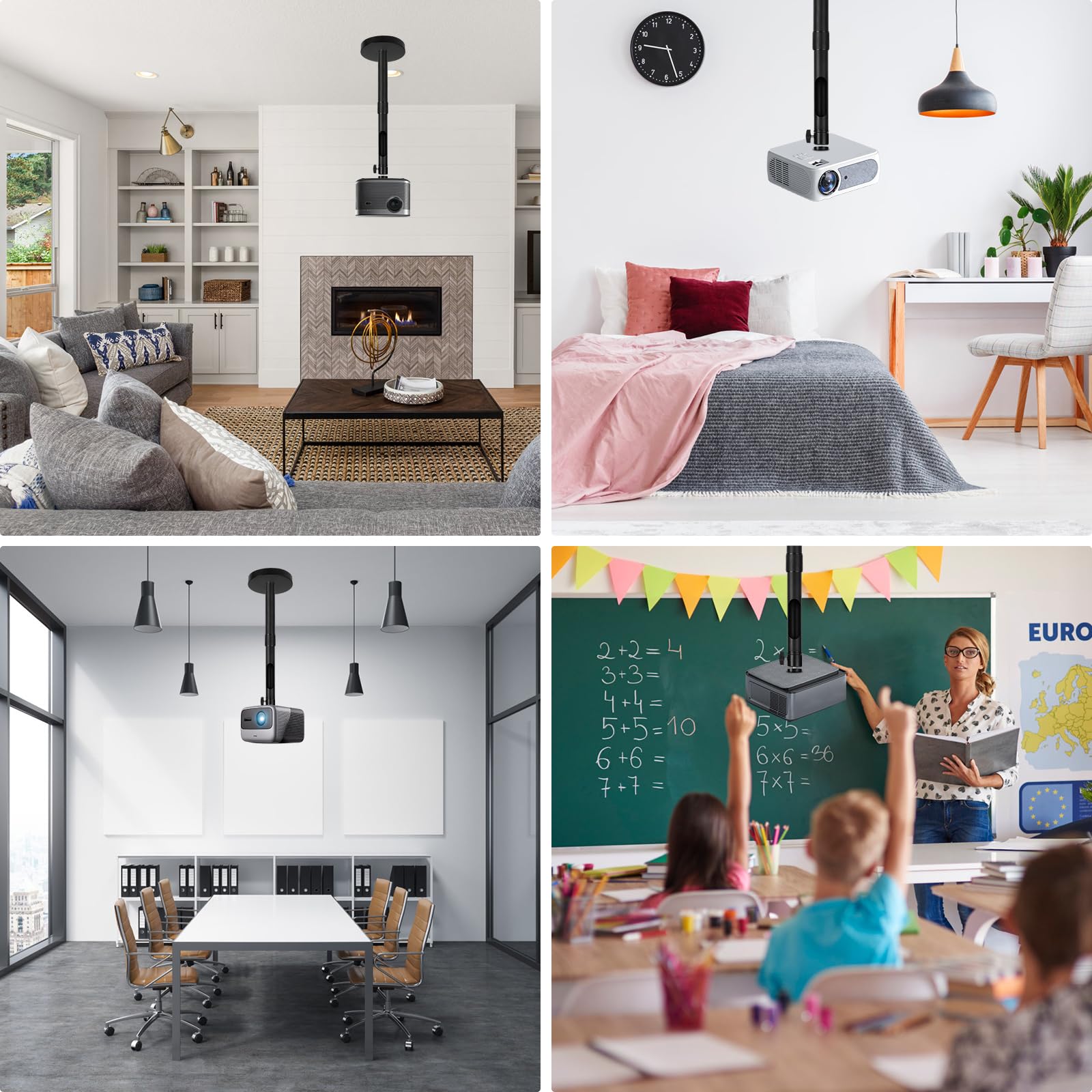 Supporto per Proiettore, Supporto Proiettore a Soffitto in Lega di Alluminio, Distanza dal Soffitto 20-40 cm, Girevole a 360°/90°, Capacità di Carico Fino a 4kg, Ideale per Casa Cinema Presentazioni