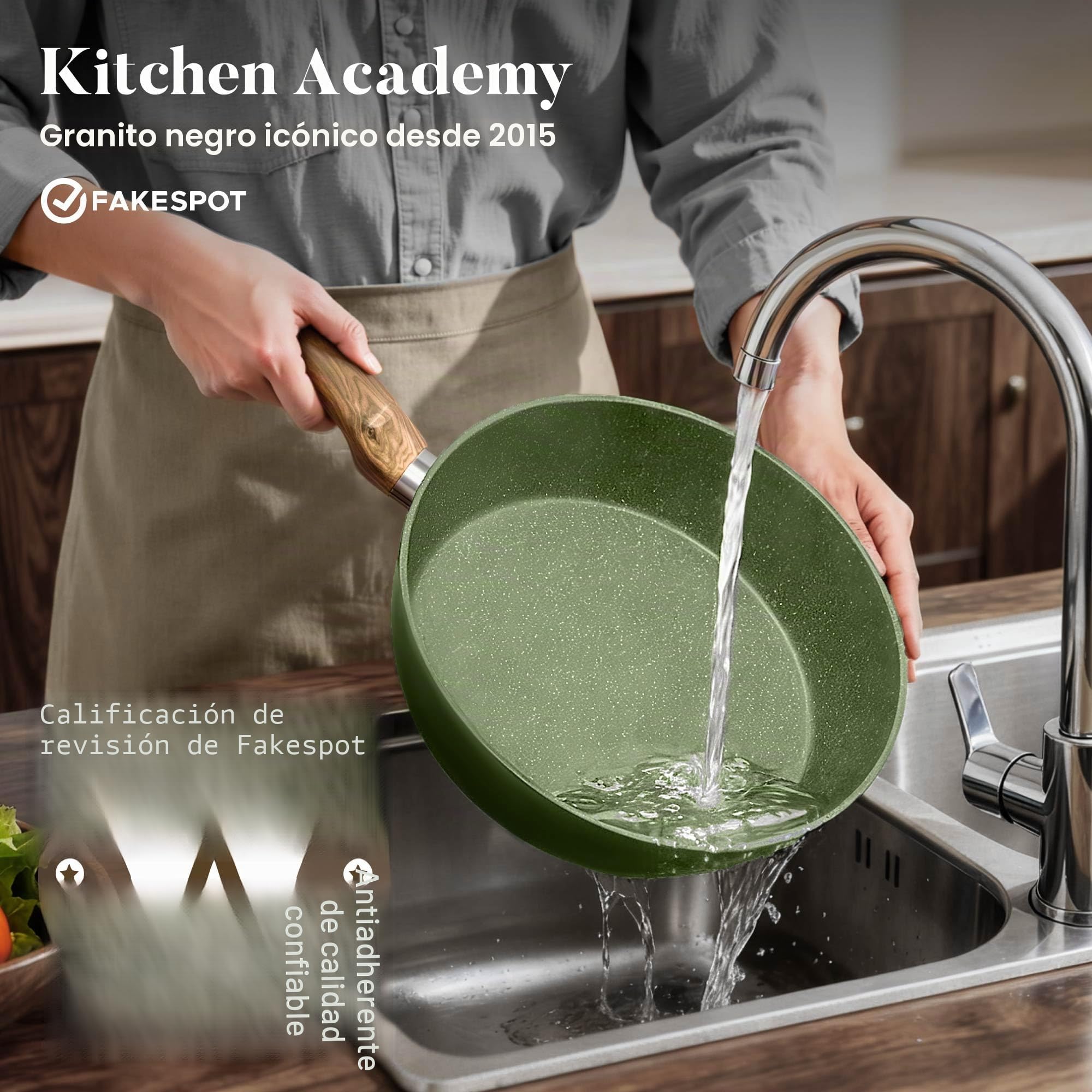 Kitchen Academy Juego de utensilios de cocina antiadherentes de granito, 12 piezas, compatible con inducción, juego de sartenes verdes con sartén y cacerola, sin PFOA