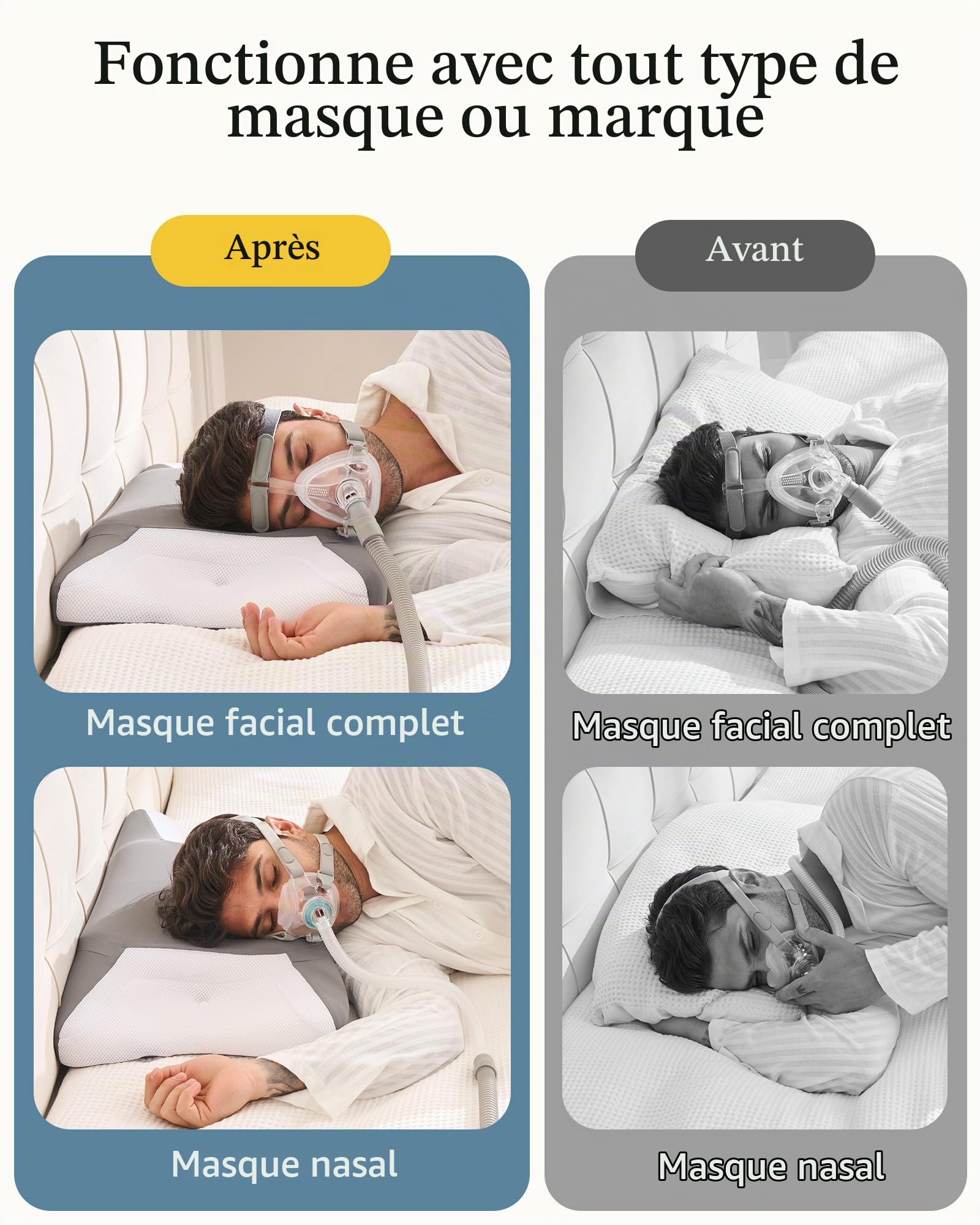 Oreiller CPAP Ergonomique à Mémoire de Forme Découpes Élargies