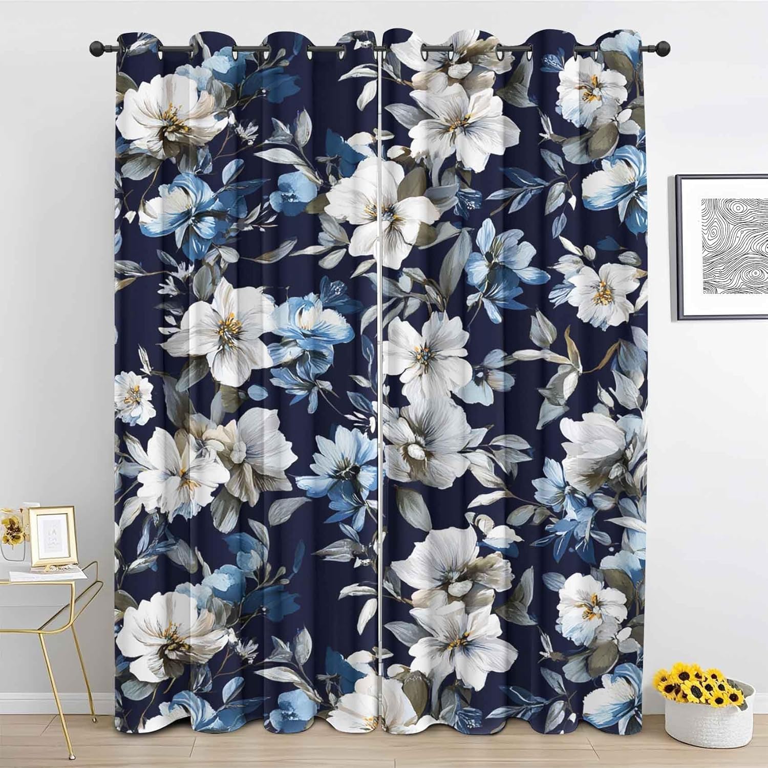 DlaQoryx Flower Blackout Curtains, Floral Leaves White Blue Curtain for Living Room, Bedroom Home Decor Window Curtain, Eyelet Thermal Curtains & Drapes 2 Panels 46 x 72 Inch Drape