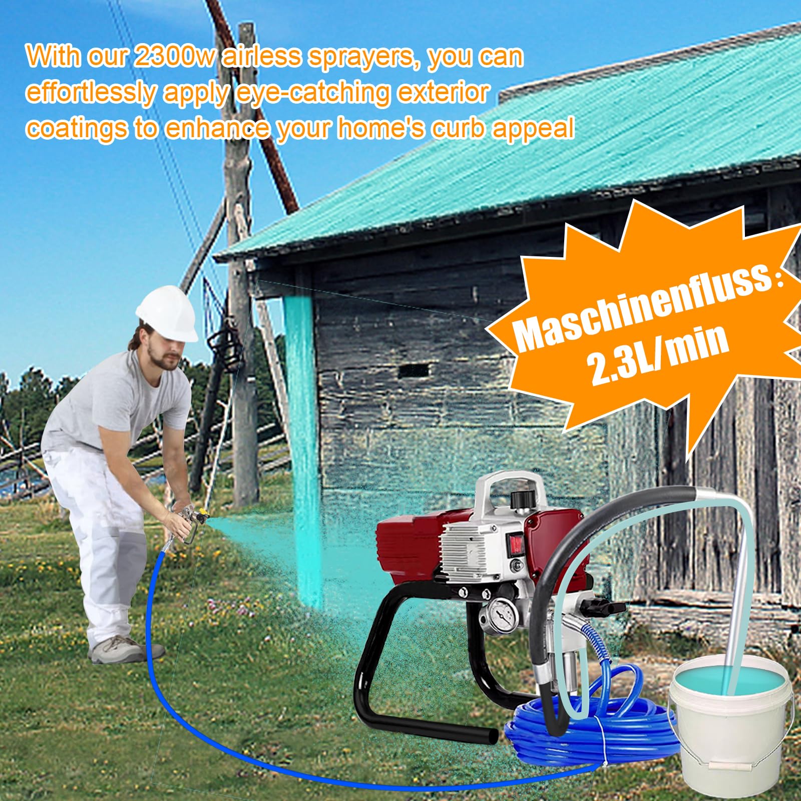 Pulverizador de Pintura 2300W Máquinas Pintura Airless, 220V, 2.3L/min Pistola de Pulverización Eléctrica sin Aire, Alta presión, Adecuado para fachadas de Casas, Suelos, Carreteras, etc