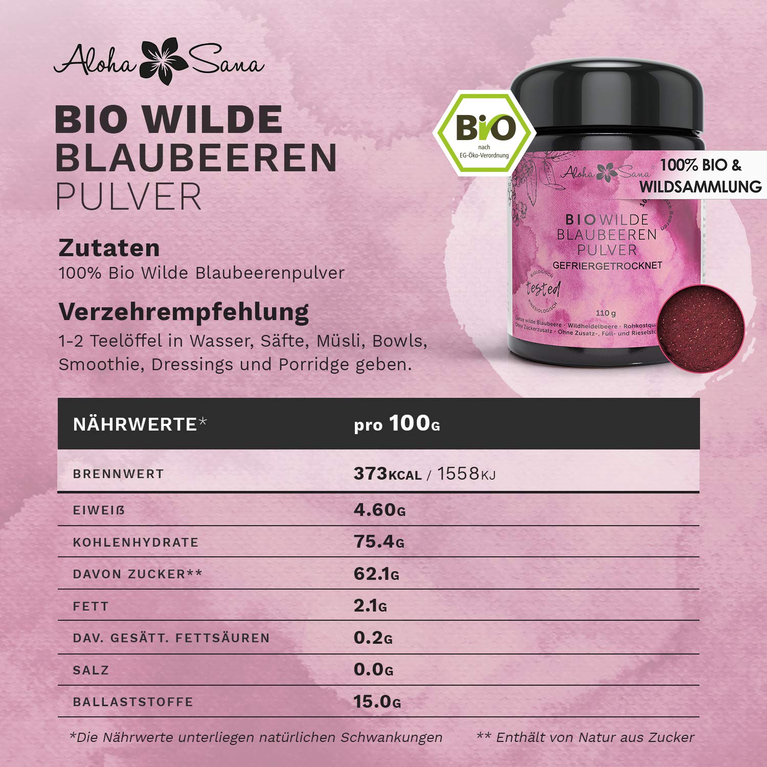 Aloha Sana | Wilde Blaubeeren Pulver BIO in Rohkostqualität (110g) | Heidelbeerpulver gefriergetrocknet wild | Blaubeerpulver getrocknet im Ultraviolettglas | Laborgeprüftes Fruchtpulver