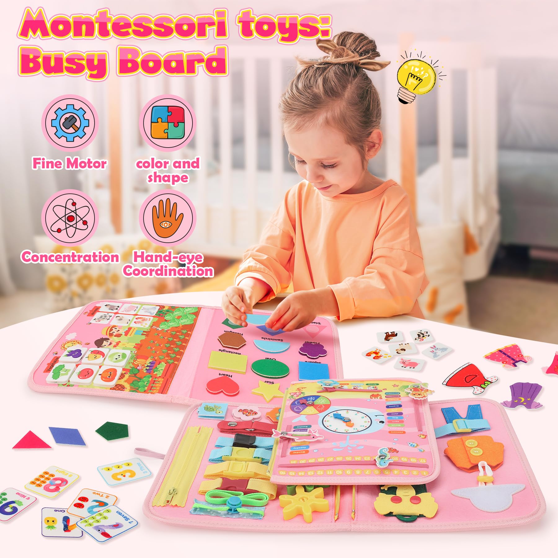 Gontence Busy Board - Giochi Bambini 2 3 Anni - Giochi Montessori 1 Anno - Giochi Educativi 3 4 5 Anni - Regalo Bambina Femmina - Sensoriale Pannello