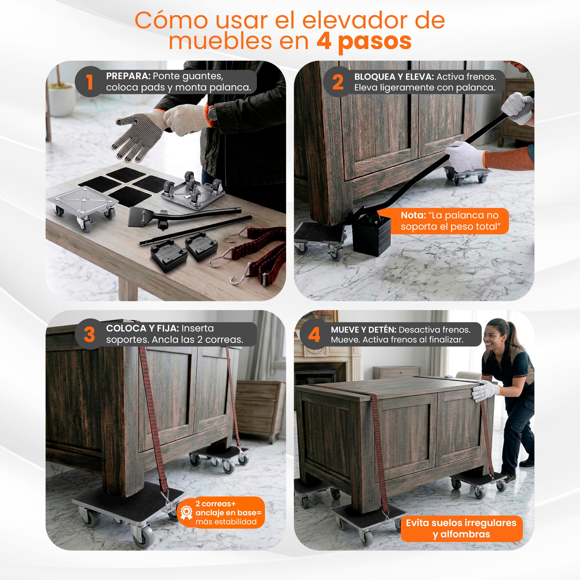Ruedas para Mover Muebles Pesados 600kg - Elevador Muebles con 5 Ruedas 360°, Acero Reforzado, Correas de Amarre, Palanca Extensible, Kit Profesional 22 Piezas