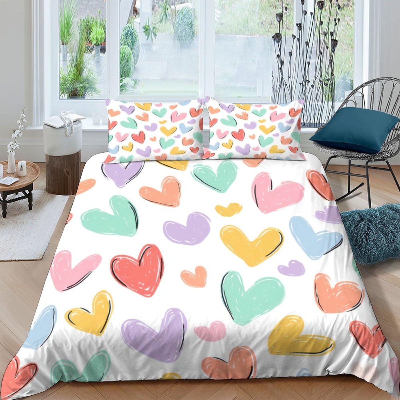 Ctjqhvkz Style-4 3D Printed Colorful Hearts Fitted Sheet Microfiber Soft Bedroom Decor Pastel Love Bed Cover For Home Dorm Mattress Protection Single（135X200cm）