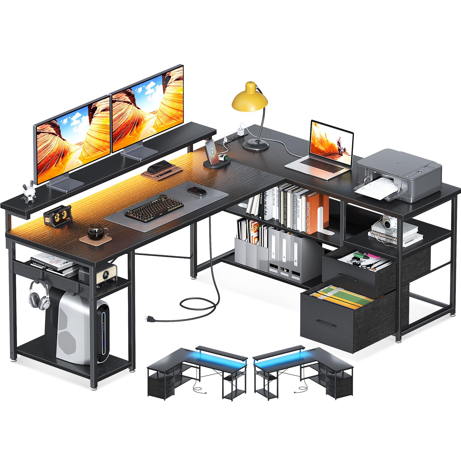 ODK L Shaped Gaming Desk with Power Outlets & LED Stripe, Reversible Computer Desk with File Drawer, Home Office Desk with Storage Shelves, 53 Inch Gamer Corner Desk with Monitor Stand, Black