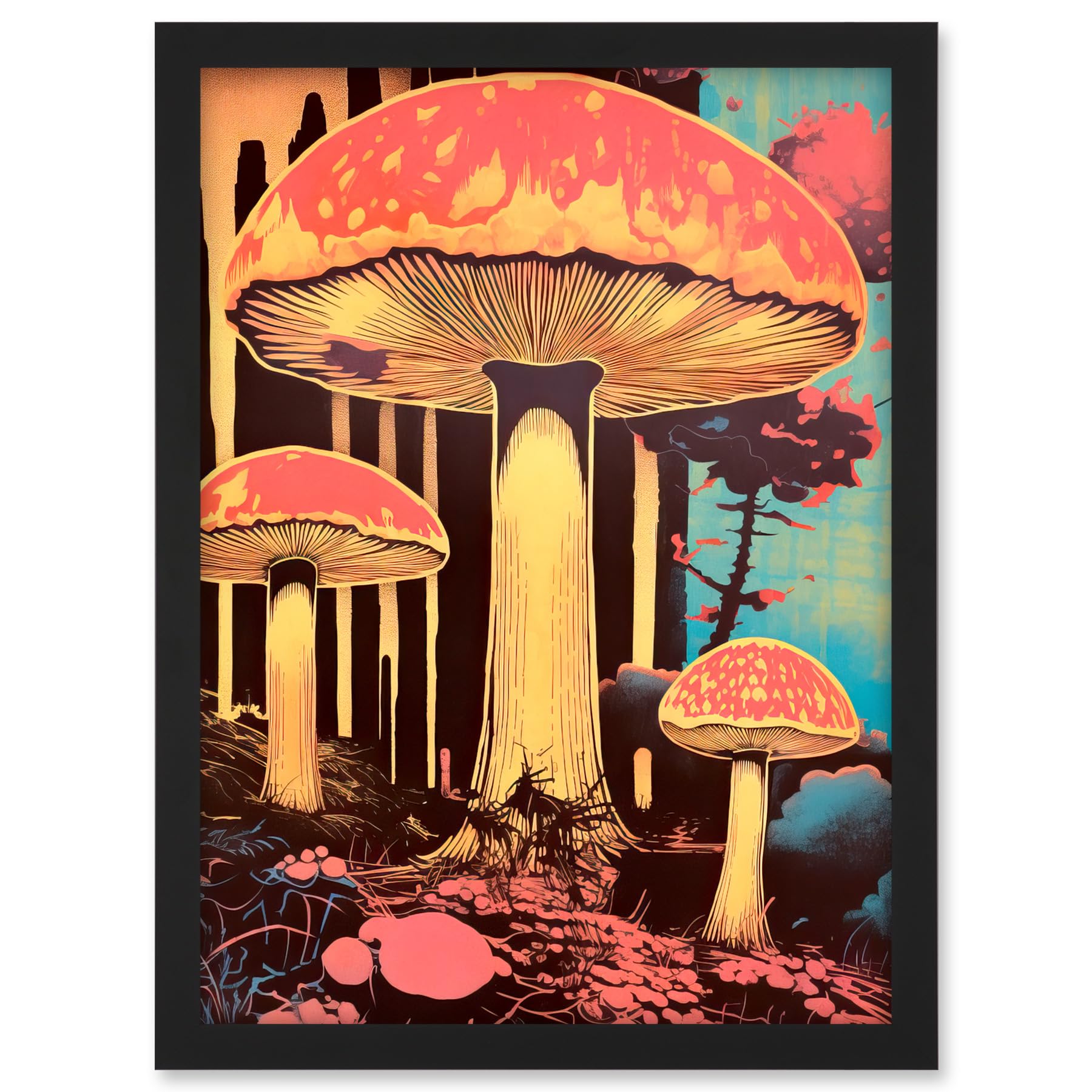 Artery8 Red Mushroom Fungi Pink Blue Bright Psychedelic Nature Kitchen Artwork Framed A3 Wall Art Print