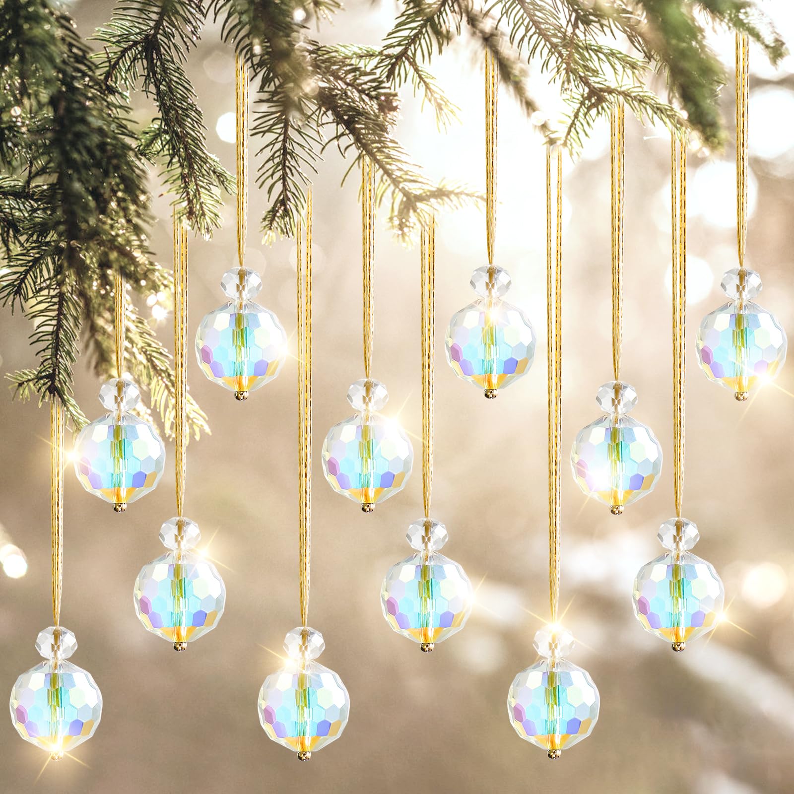UXORSN 12 PCS Christmas Tree Crystal Ball Ornaments Prism Balls 22 mm Rainbow Crystal Suncatcher Window Decorations Glass Hanging Chandelier Drops Pendant for Feng Shui Xmas Party Wedding Home Decor-image-4