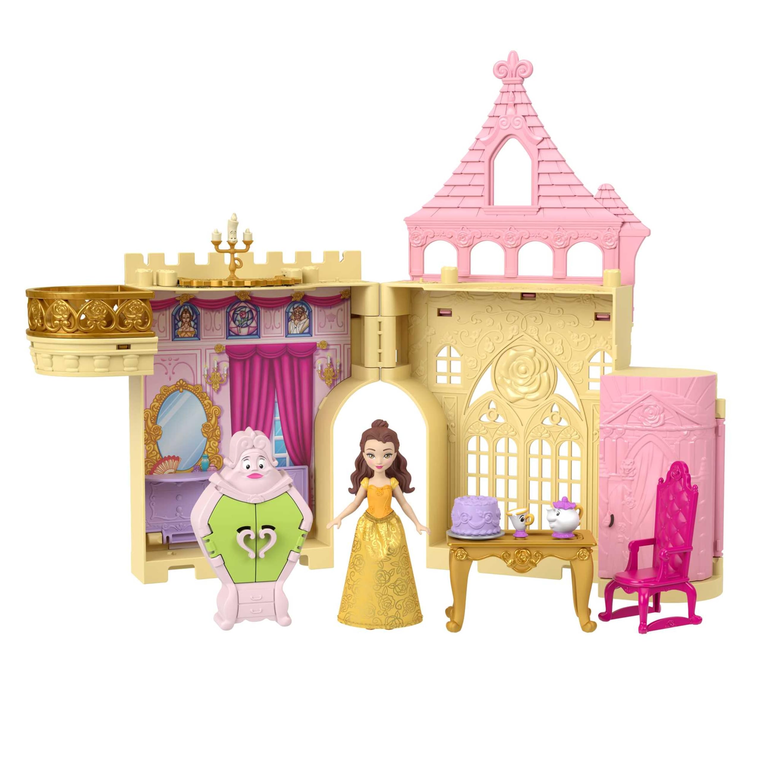 Mattel Disney Prinzessin-Spielzeug, Belles Stapelschloss Puppenhaus-Spielset mit kleiner Puppe und 9 Teilen, inspiriert von dem Disney-Film, Reisespielzeug und Geschenke für Kinder, JDP54