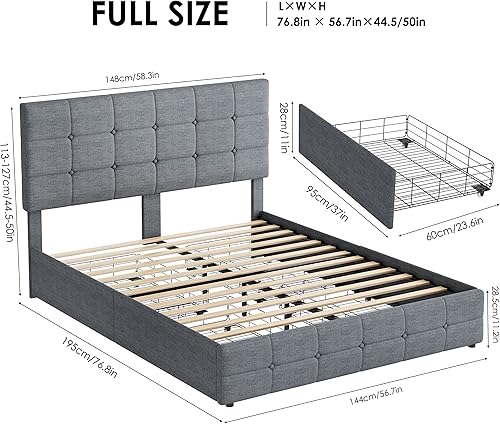 Miniatura 2 de Keyluv Moderna base de cama tapizada con 4 cajones de almacenamiento, cama de plataforma con diseño de cabecera capitoné de botón ajustable, soporte