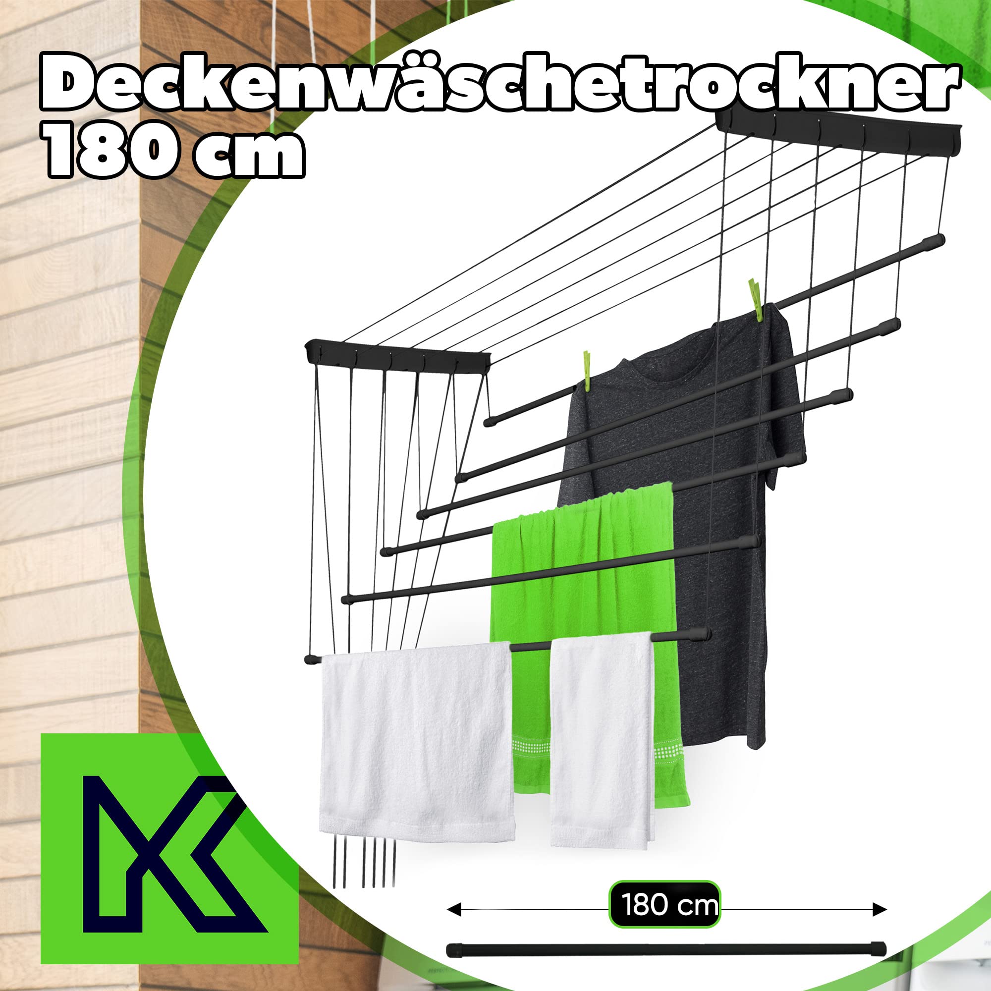 KADAX Deckenwäschetrockner, 10.8m Trockenfläche, Wäschetrockner für die Decke 6, Wandtrockner mit Polyethylen bezogenen Stahlsprossen, Deckentrockner Traglast 12kg (6x180/schwarz)