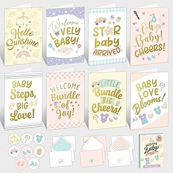 Decorably 24 Pack Gold Foiled 4x6in New Baby Cards Congratulations with Envelopes and Stickers, 8 Adorable Designs Baby Shower Cards Pack with Printed Message Inside