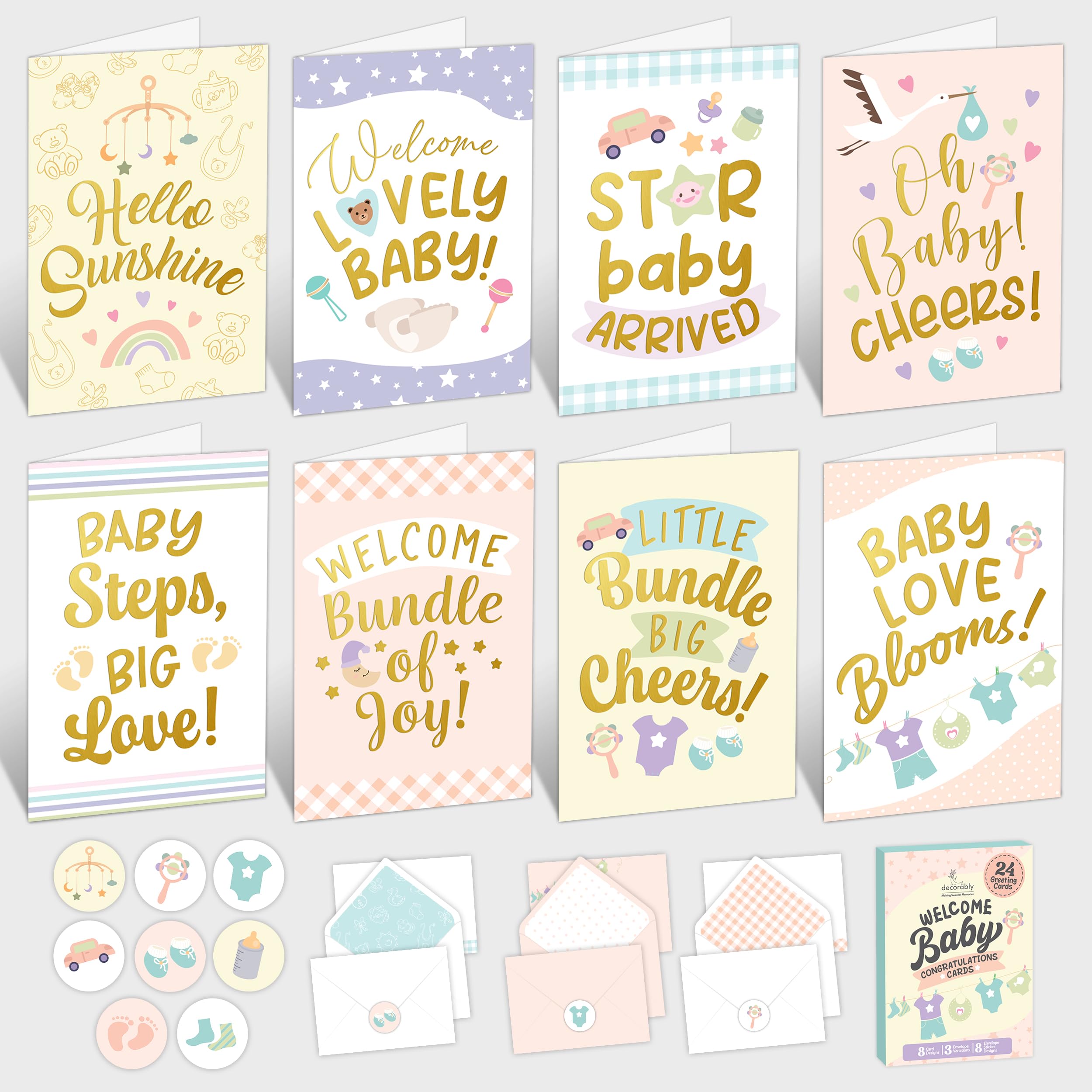 Decorably 24 Pack Gold Foiled 4x6in New Baby Cards Congratulations with Envelopes and Stickers, 8 Adorable Designs Baby Shower Cards Pack with Printed Message Inside