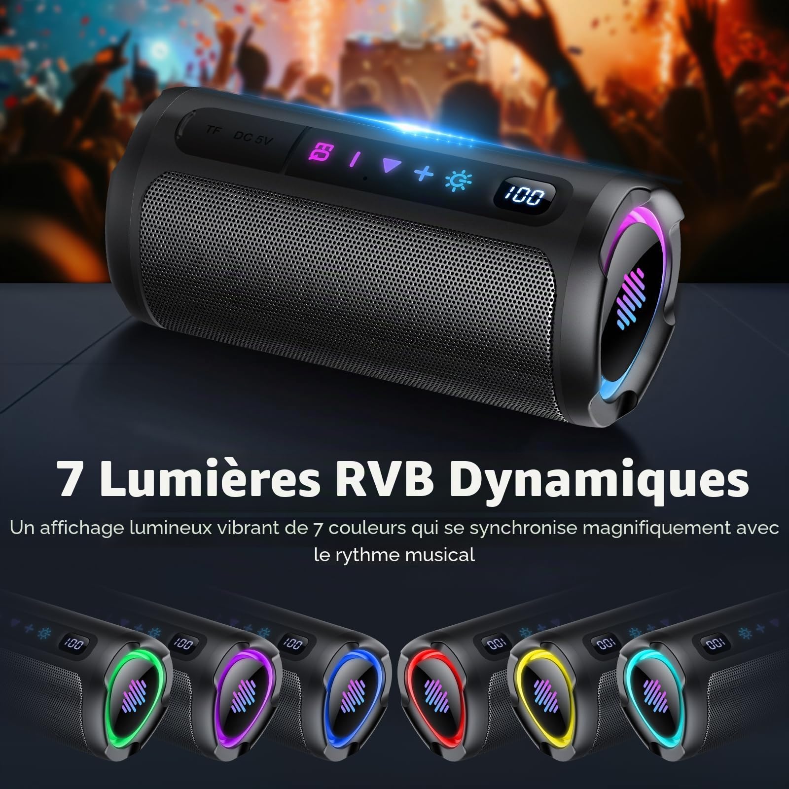 aowoka Enceinte Bluetooth Puissante sans Fil avec Lumière LED, Écran Numérique Haut-Parleur Portable 20W, Basses Améliorées, Autonomie 20H, Bluetooth 5.4, Étanche IPX7, pour Voyage/Sport/Fête