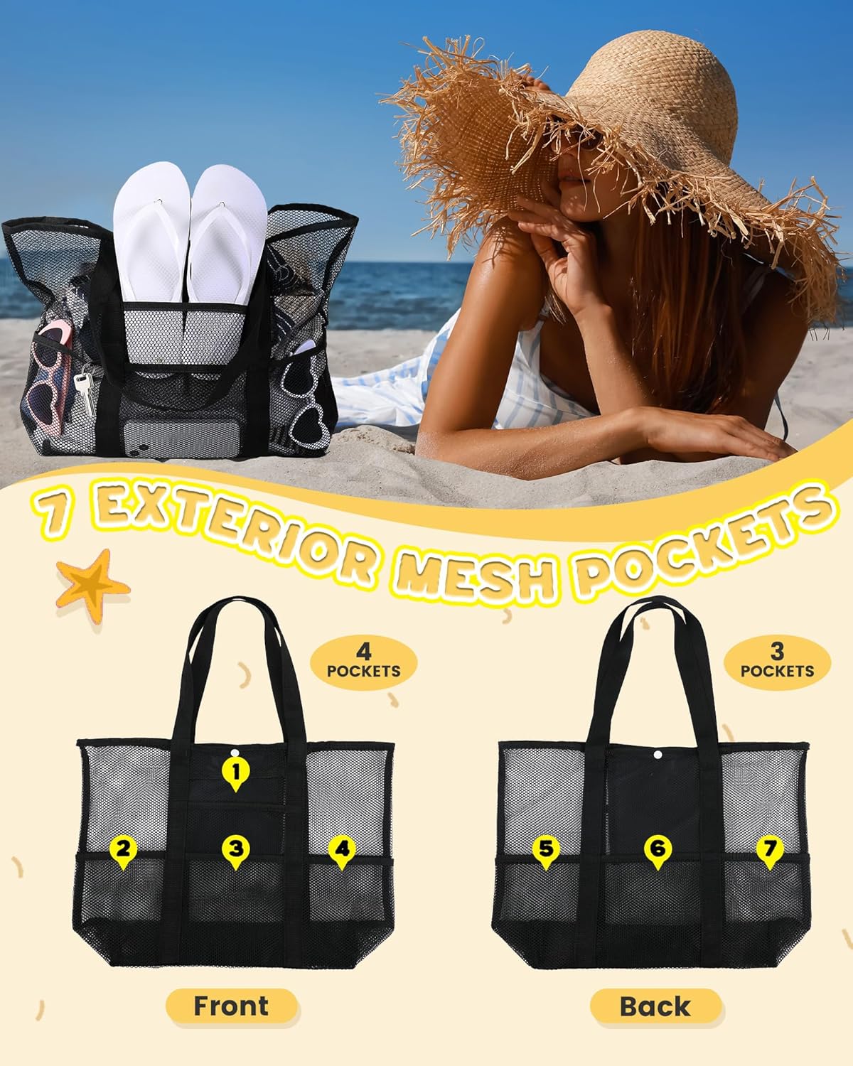 Sweetude 4 Pcs Mesh Beach Bag with Pockets Lightweight Travel Pool Bag Swim Beach Tote for Women Towel Vacation Essentials