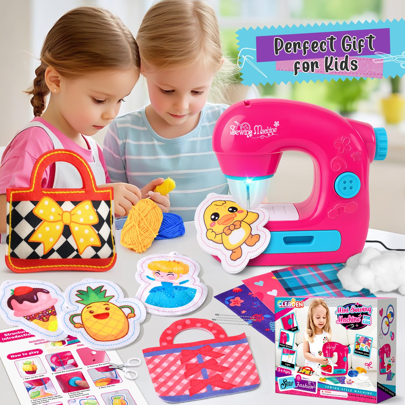 vamei Mini Macchina da Cucire Bambina, Sewing Machine Elettrica con Tessuti, Fili, Accessori Completi, Kit Cucito Bambini, Kit Lavoretti Creativi per Bambini, Regalo Bambina 3+ Anni