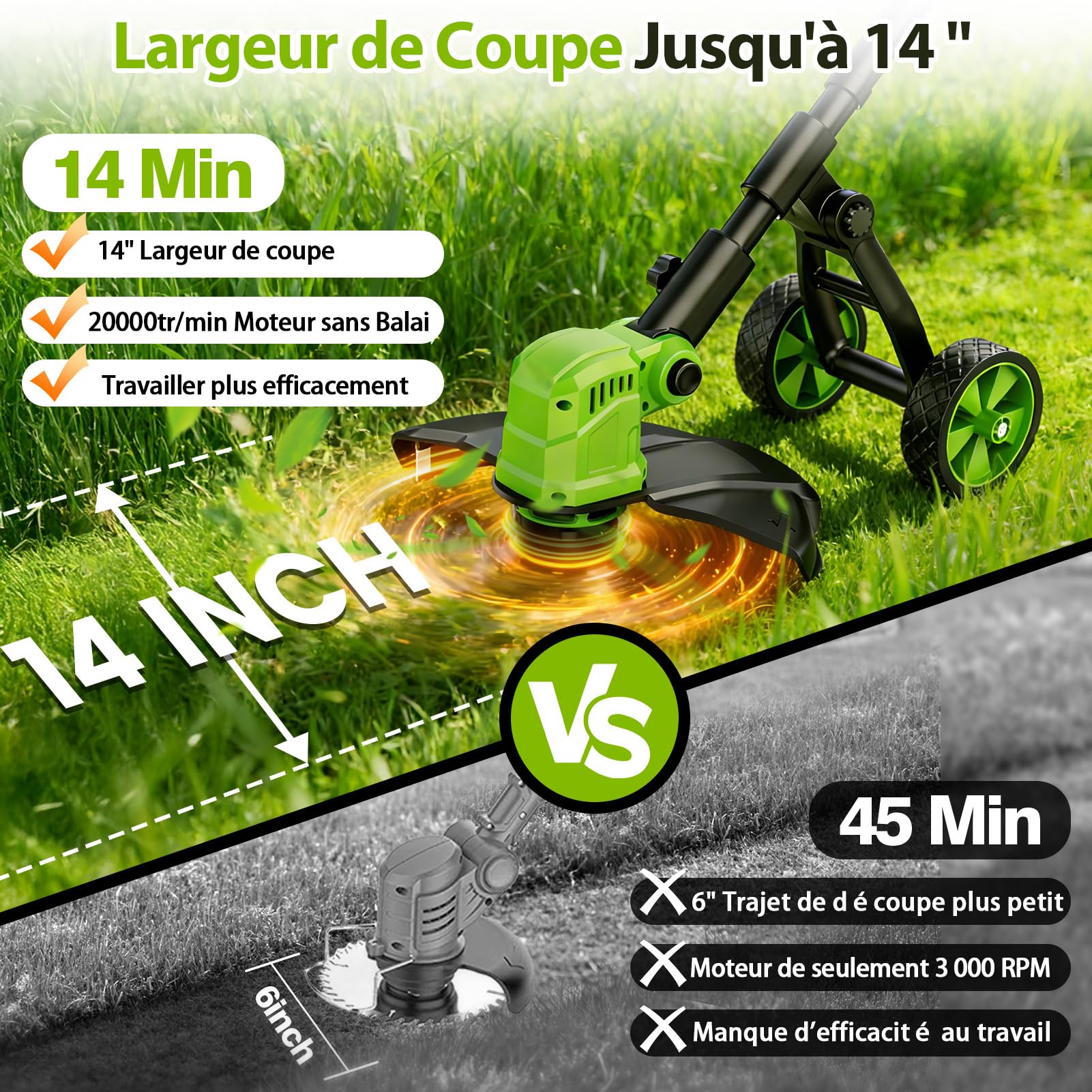 Lacoco - Desbrozadora con batería de corte eléctrico inalámbrico con 8 bobinas de alambre, 2 x 3,0 Ah baterías, tamaño de hierba, ancho de corte, 14 pulgadas, desbrozadora con ruedas para césped