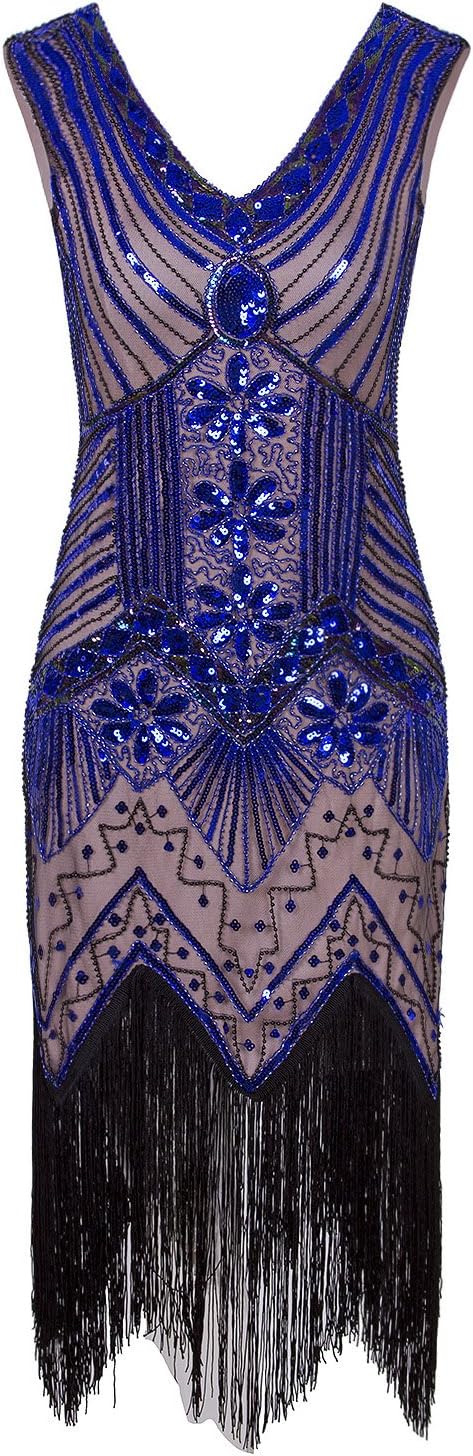 Vijiv Women 1920s Gastby Sequin Art Nouveau Embellished Fringed Flapper Dress