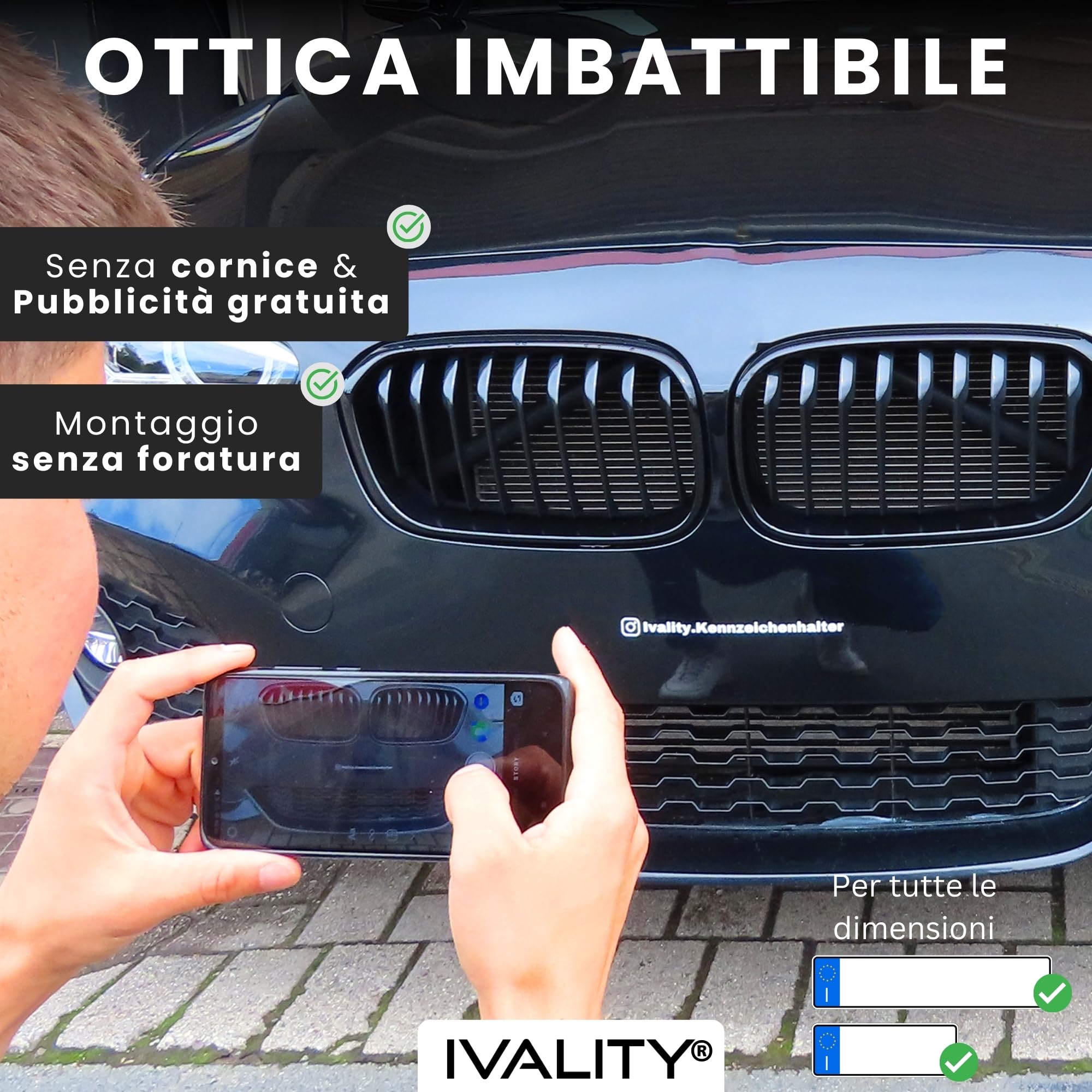 IVALITY® 100% pulito Portatarga magnetico - Supporto magnetico senza cornice per 1 targa - Porta targa per auto