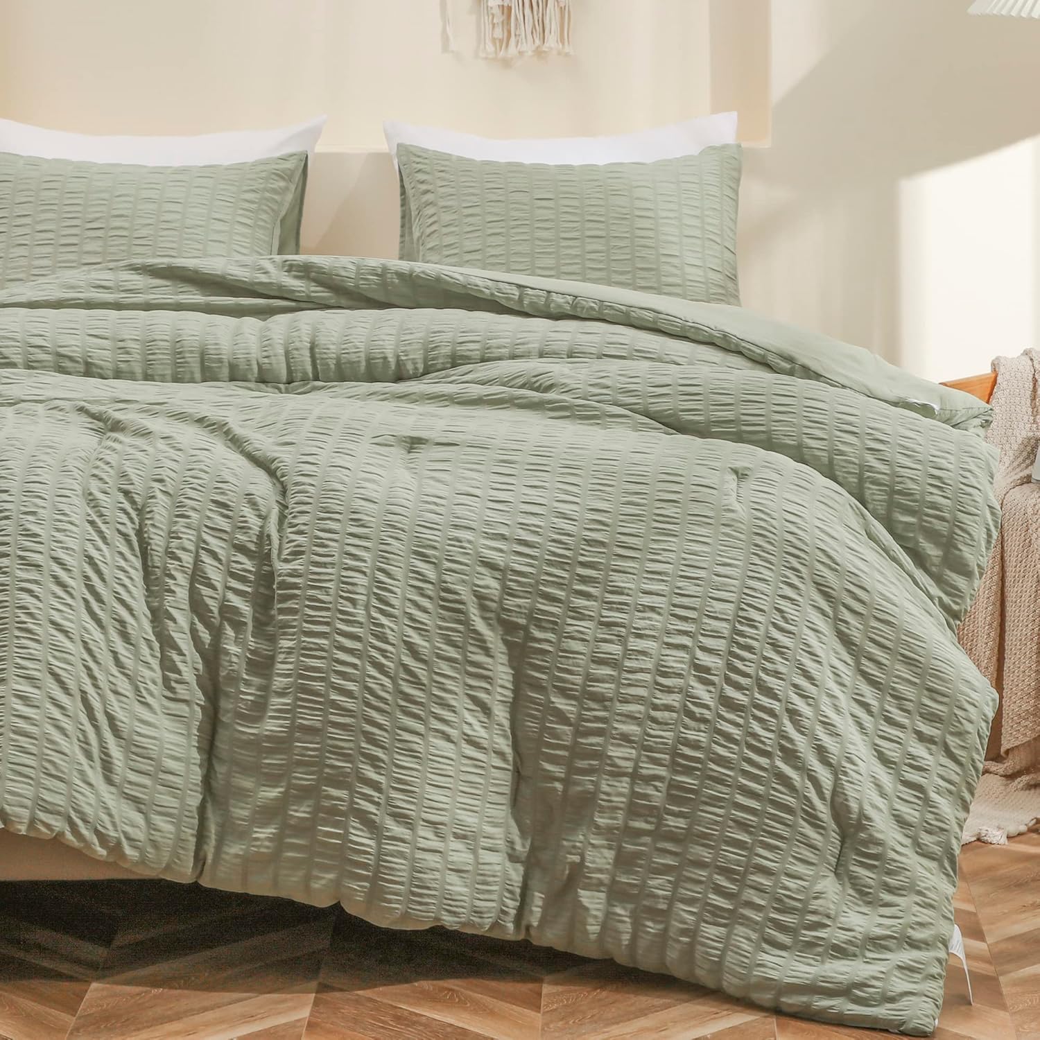 LUCKYBULL Green Seersucker Comforter Set 3 Pieces King Size 104''x90'',100% Soft Washed Microfiber Bedding Set, Lightweight Bed Set for All Season King(104''x90'') Green