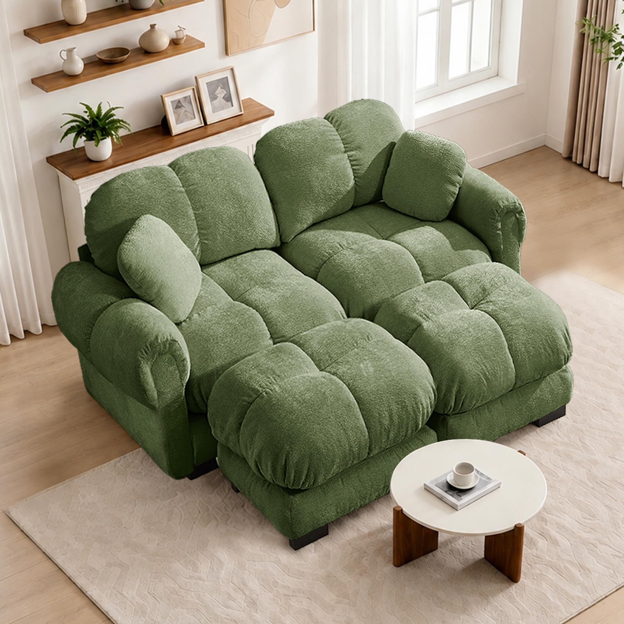 76.3" Modular Sectional Couch with 2 Ottomans, Modern Comfy Chenille Cloud U-Shaped Loveseat Sofa with Petal Design, Easy Assembly 2-Seater Deep Seat Couch for Small Spaces, Apartment, Green