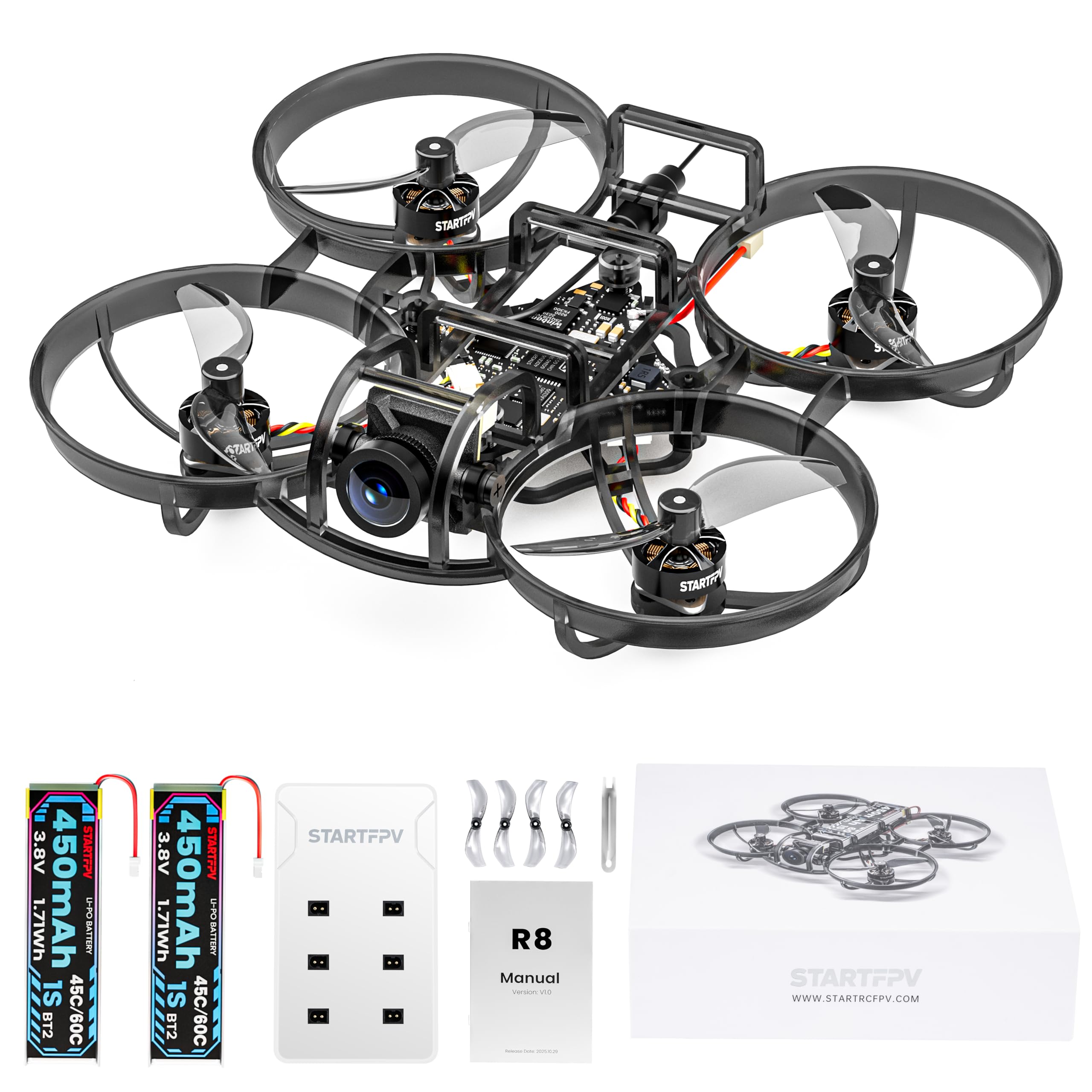 R8 ELRS Tiny Whoop Quadcopter, Ultralight 1S 80mm Micro FPV Dron BNF con 2 BaterÃas, 12 Mins de Vuelo para Carreras de FPV Freestyle en Interiores, Matrix G4 5EN1 FC, FOV160°, Motor Brushless 0802