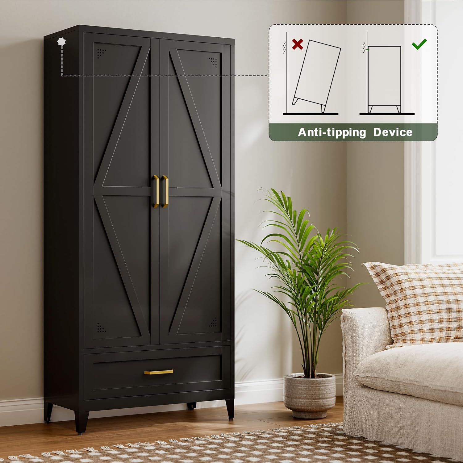 71" Tall Metal Storage Cabinets,Kitchen Pantry Cabinet with 3 Adjustable Shelves and 1 Drawer,Freestanding Display Cupboard for Dining Room,Hallway,Bathroom,Black