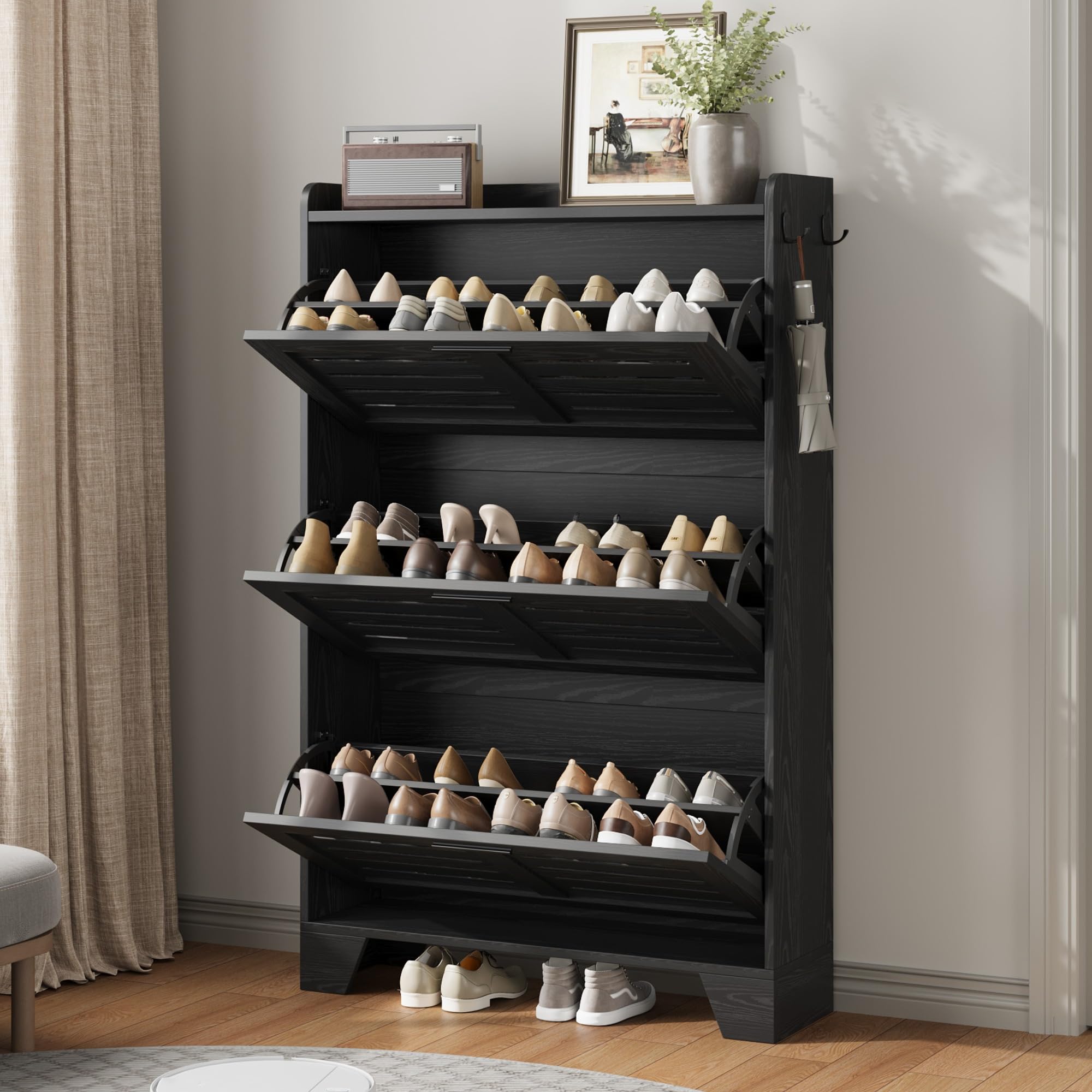 GarveeHome Shoe Cabinet Storage for Entryway, Narrow Shoe Cabinet with 2 Flip Drawers, Freestanding Hidden Slim Shoe Organizer Cabinet with Hooks for