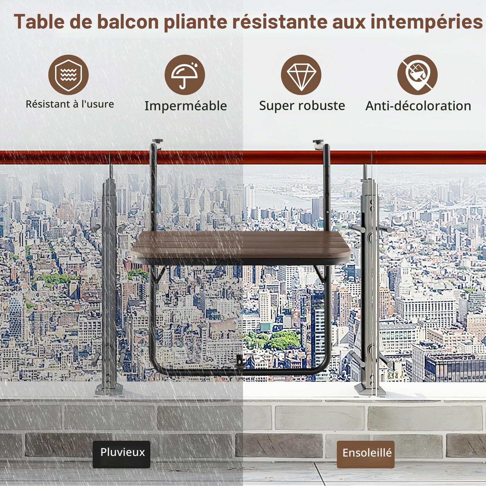 GIANTEX Table de Balcon Suspendue Pliable, Table Suspendue Rabattable et Hauteur Réglable, Résistante aux Intempéries, Charge 30 kg, pour Balcon, Terrasse, Jardin, 62,5 x 60 x 84 cm, Marron