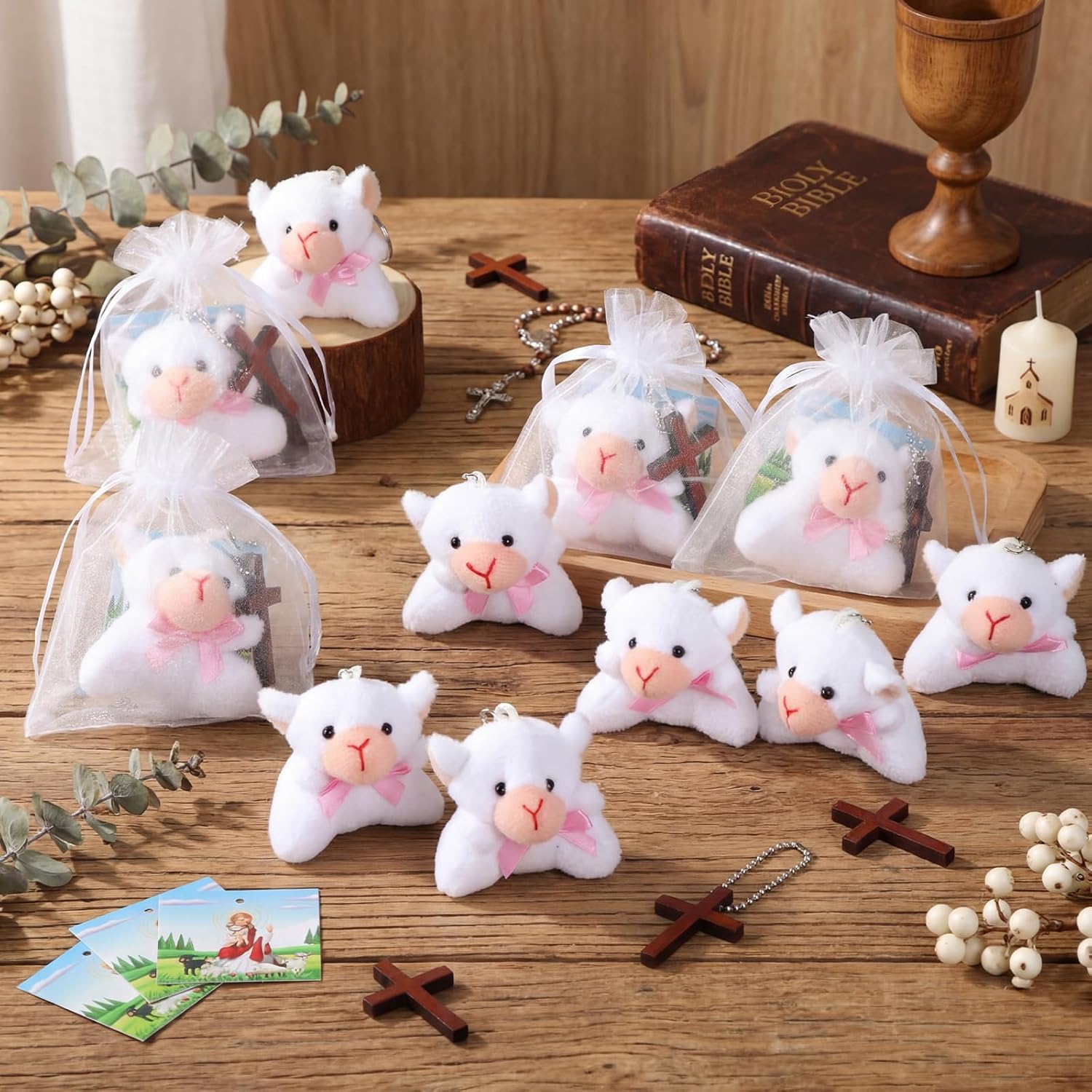 12 Sets of Mini Sheep Plush Religious Nativity Stuffed Animal Jesus Christian Gifts Sheep Keychain for Christening Easter